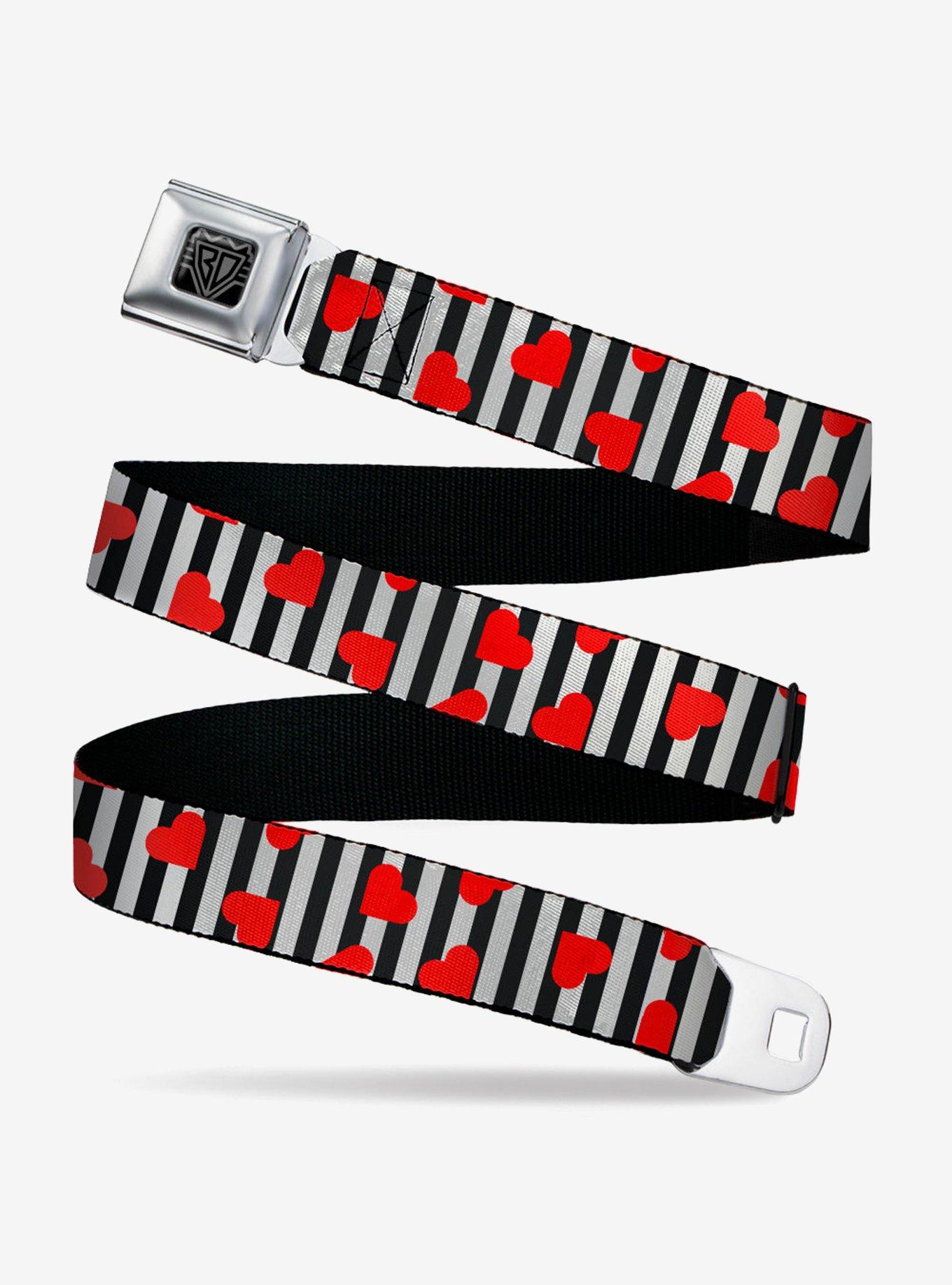 Hearts Scattered Stripe White Black Red Youth Seatbelt Buckle Belt