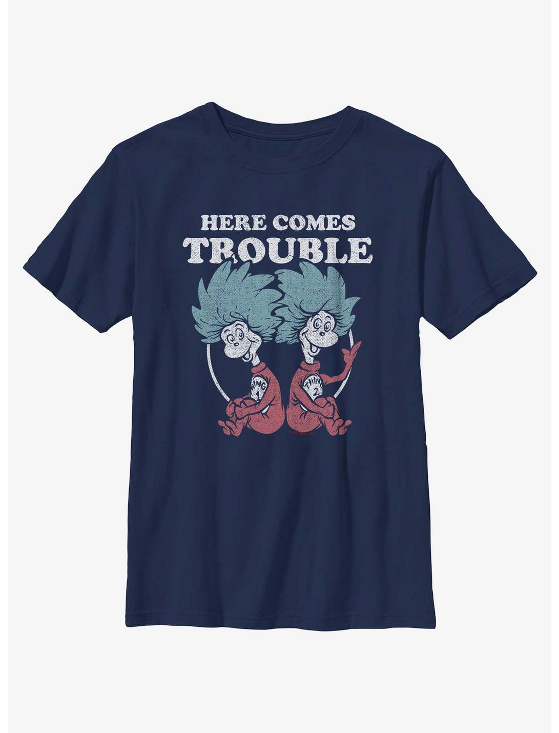 Dr. Seuss's Cat In The Hat Here Comes Trouble Things Youth T-Shirt, NAVY, hi-res