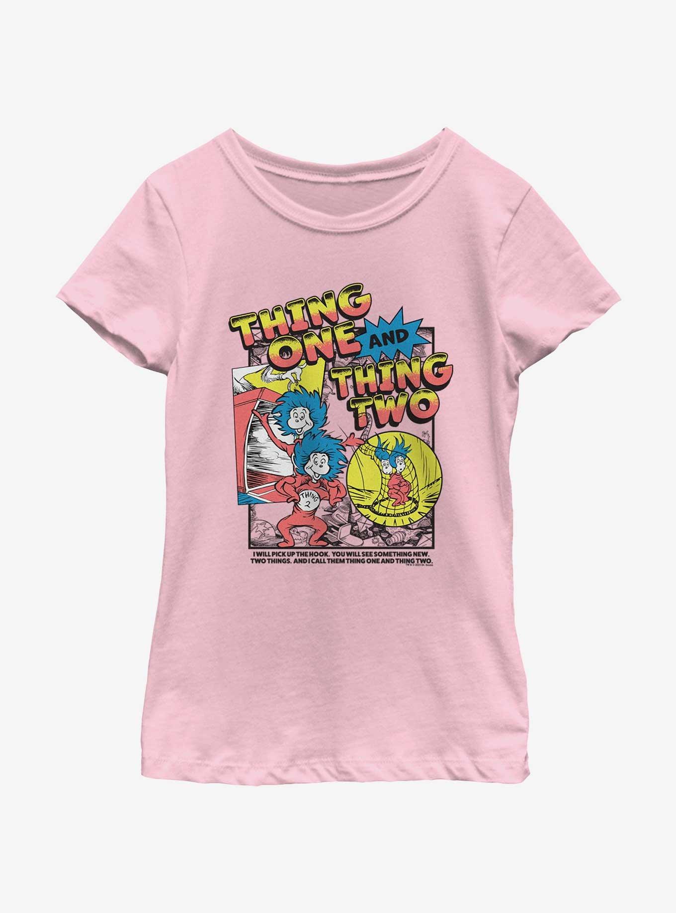 Dr. Seuss's Cat In The Hat Thing One And Thing Two Comic Art Youth Girls T-Shirt, PINK, hi-res
