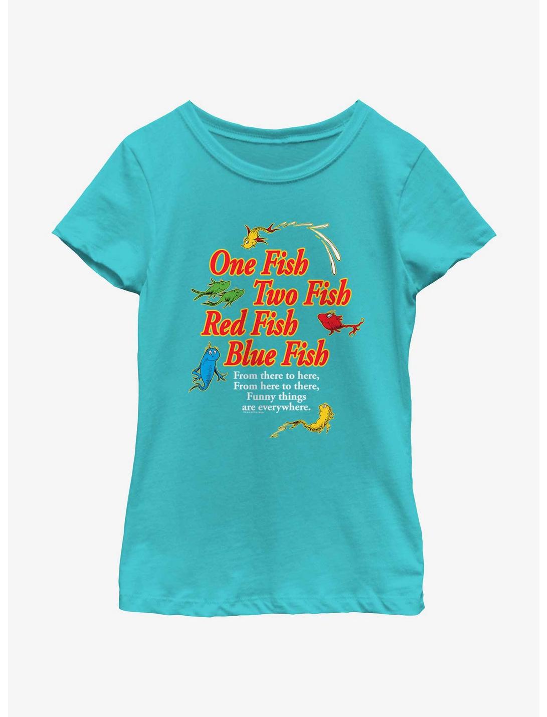 Dr. Seuss's One Fish, Two Fish, Red Fish, Blue Fish Funny Things Are Everywhere Youth Girls T-Shirt, TAHI BLUE, hi-res