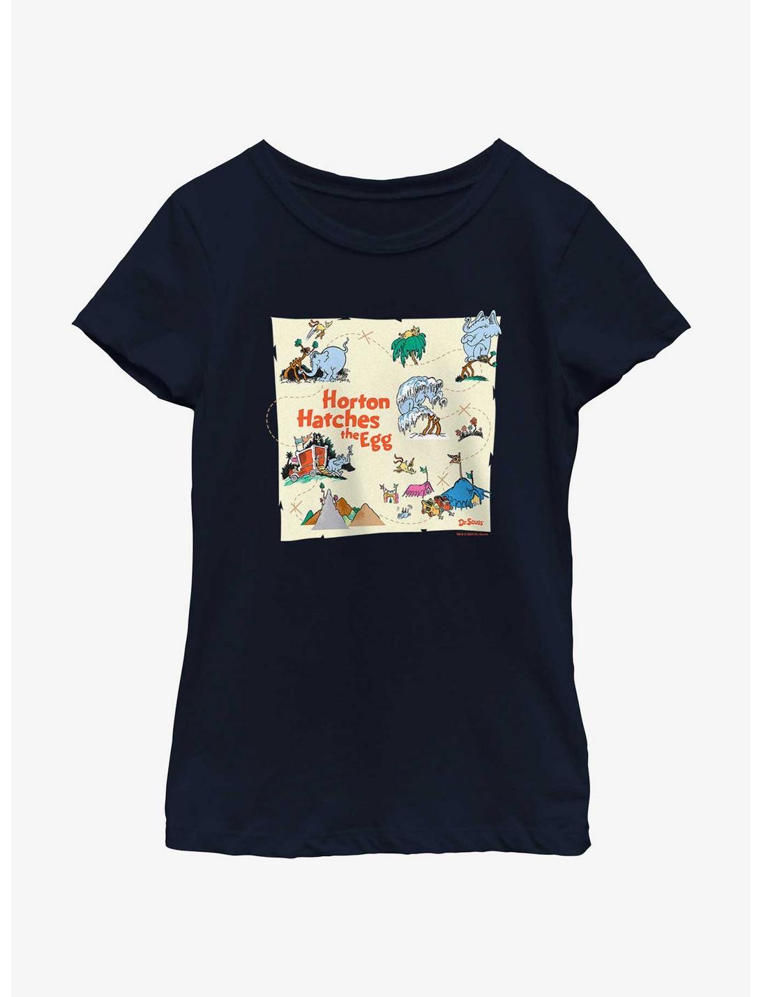 Dr. Seuss's Horton Hatches The Egg Map Youth Girls T-Shirt, NAVY, hi-res