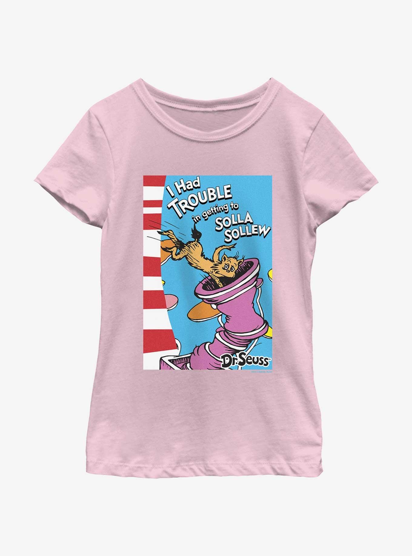 Dr. Seuss's I Had Trouble Getting Into Solla Sollew Cover Youth Girls T-Shirt, PINK, hi-res