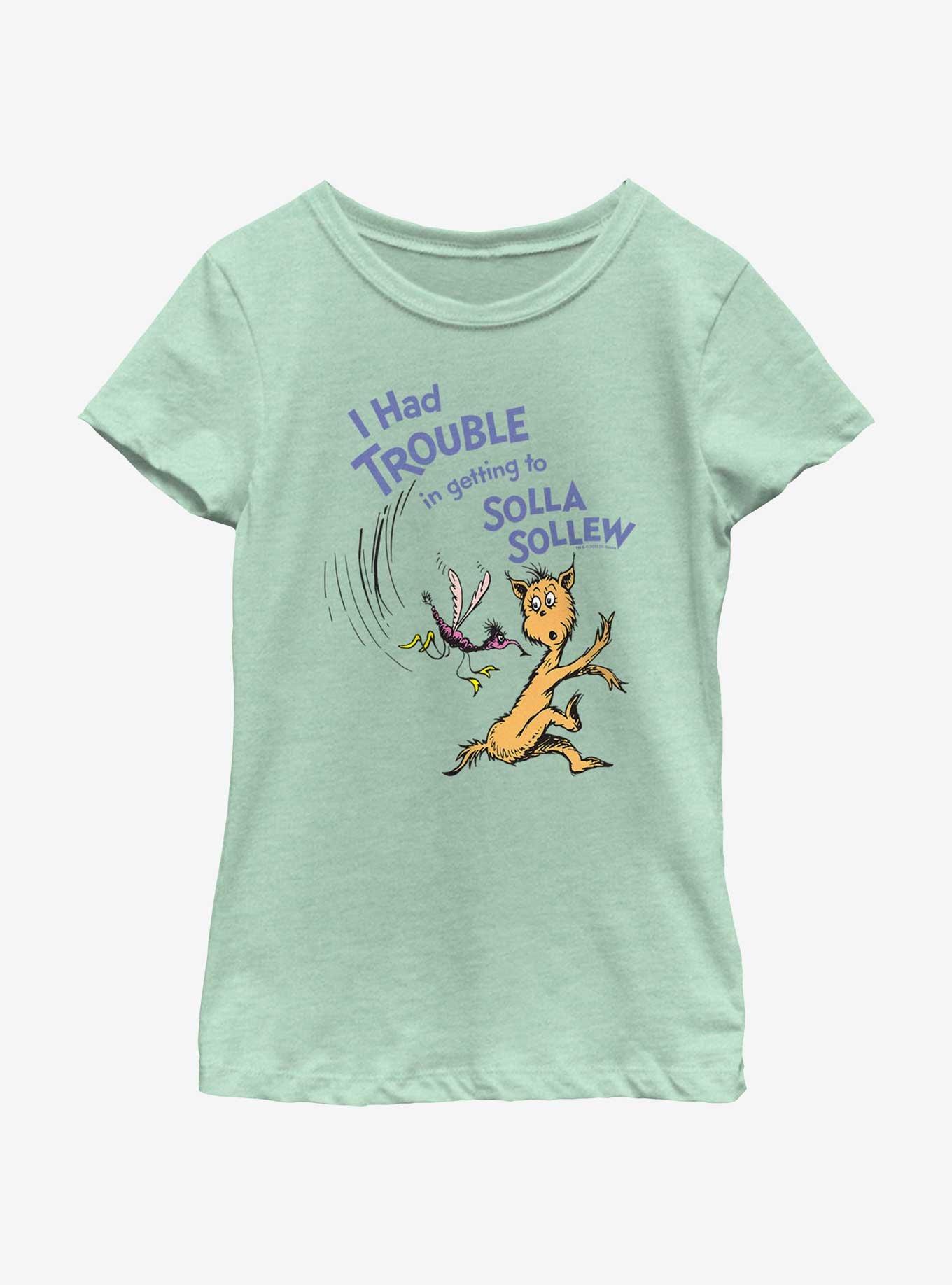 Dr. Seuss's I Had Trouble Getting Into Solla Sollew Trouble Youth Girls T-Shirt, MINT, hi-res