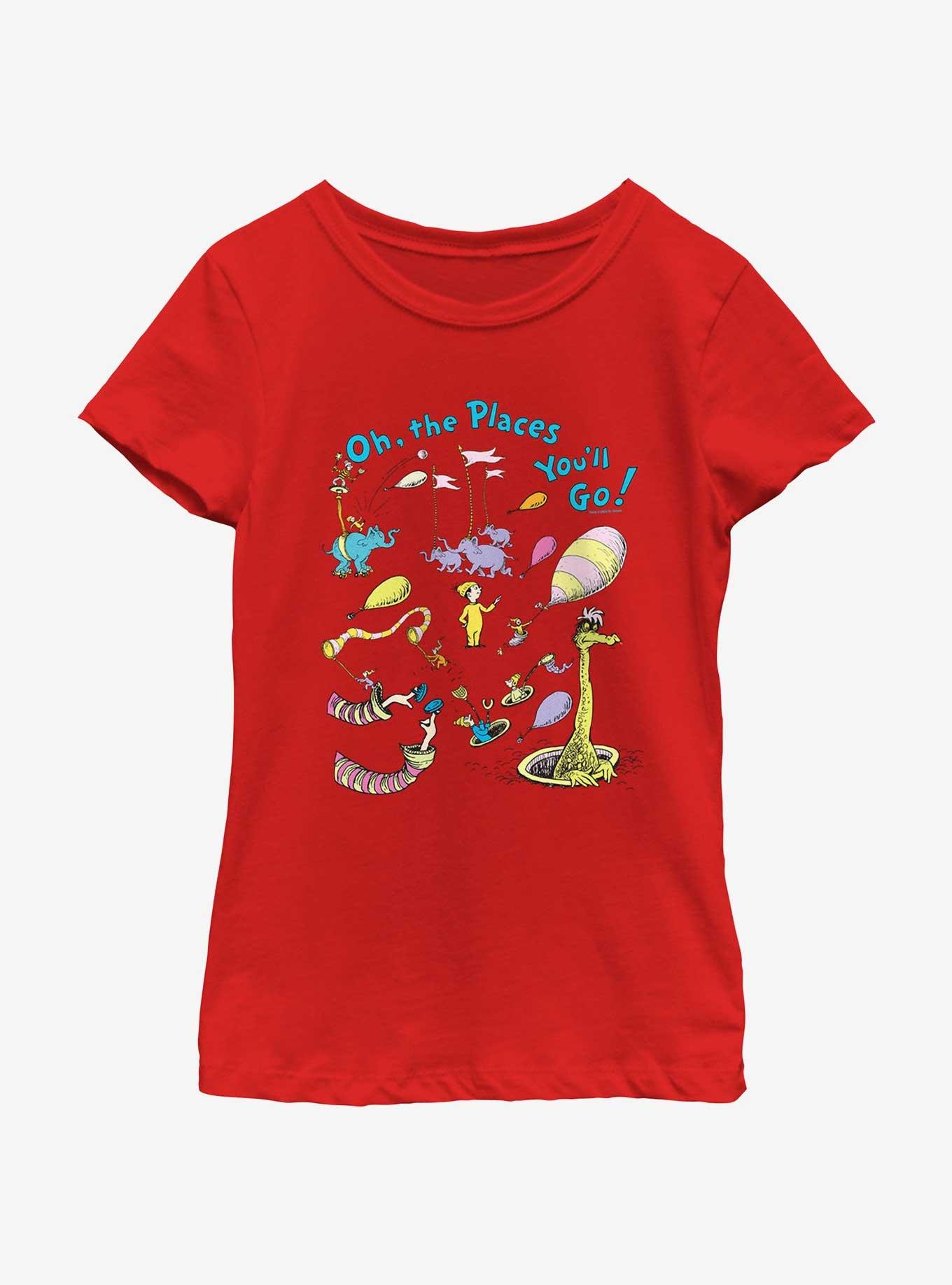 Dr. Seuss's Oh! The Places You'll Go Characters Youth Girls T-Shirt, RED, hi-res