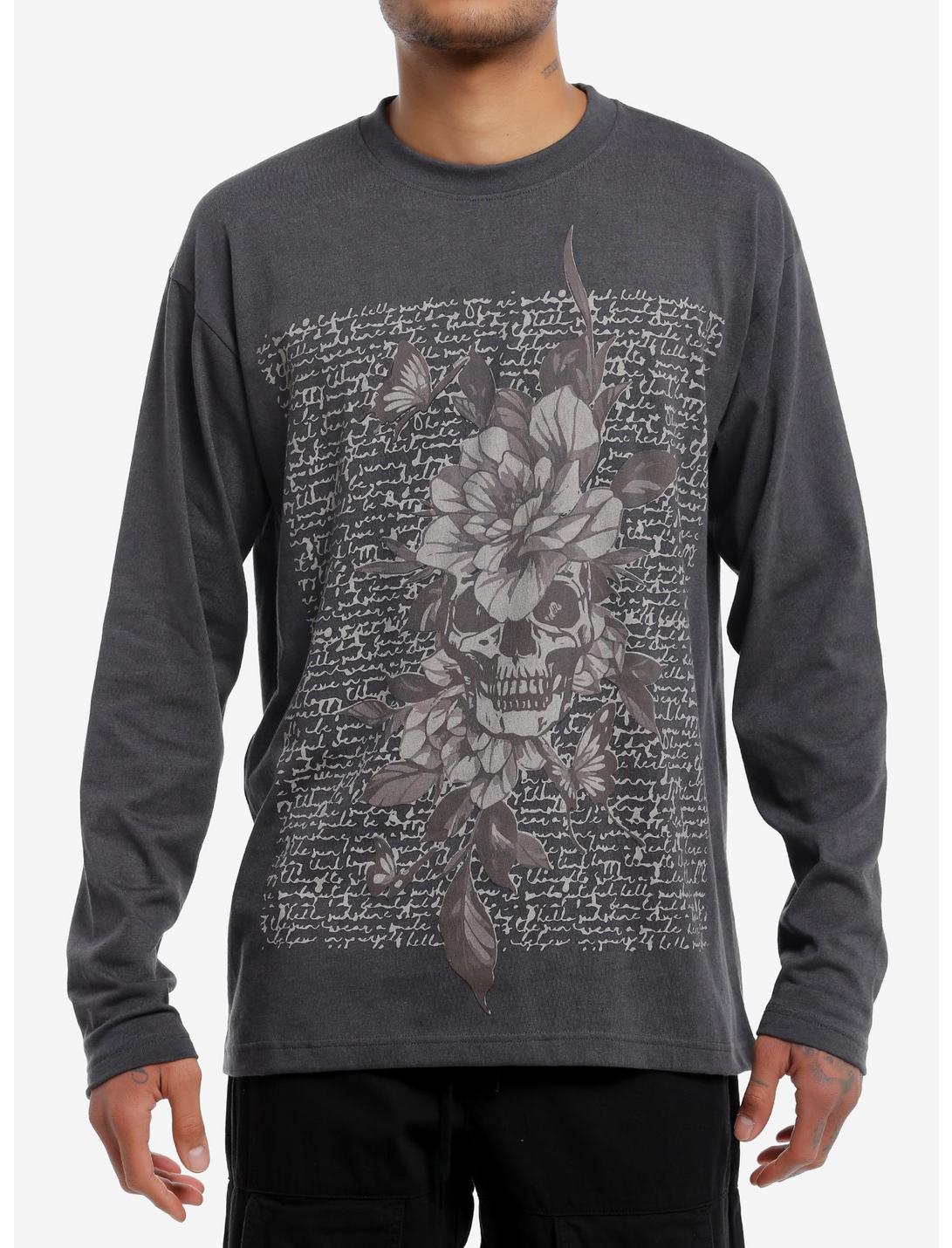 Dark Grey Floral Skull Long-Sleeve T-Shirt, BLACK, hi-res