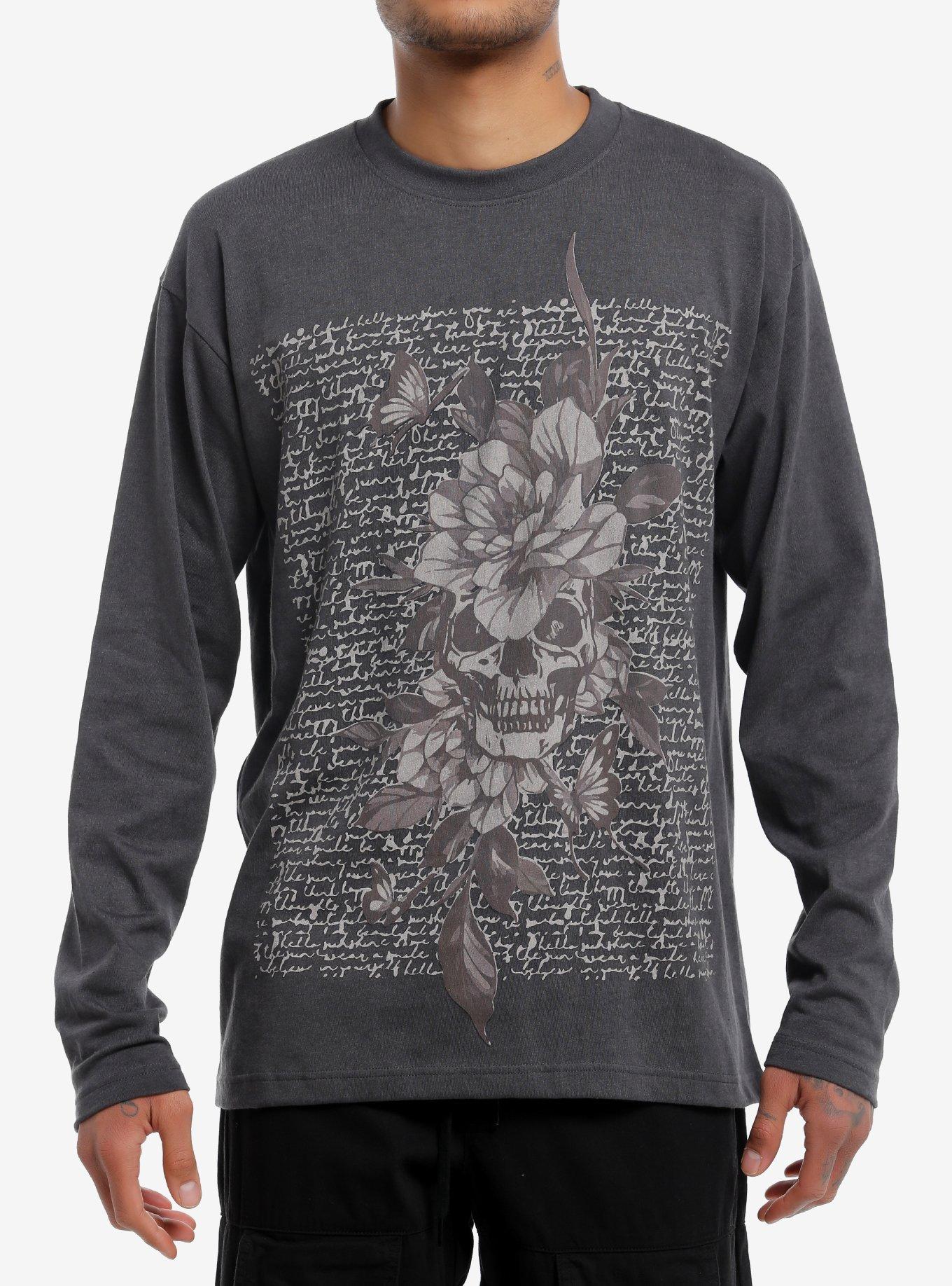 Dark Grey Floral Skull Long-Sleeve T-Shirt, BLACK, hi-res