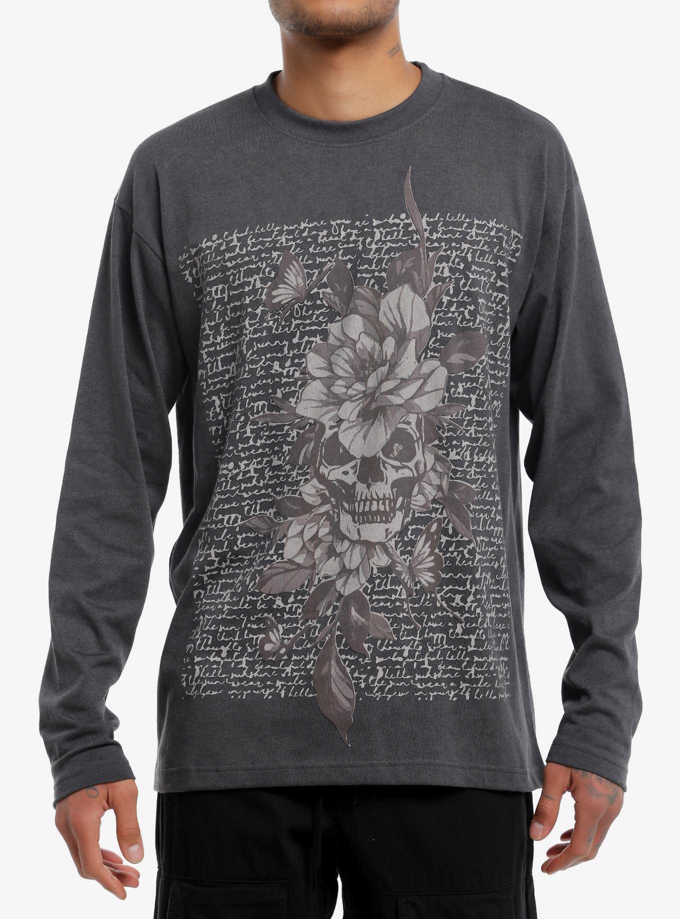 Dark Grey Floral Skull Long-Sleeve T-Shirt, , hi-res