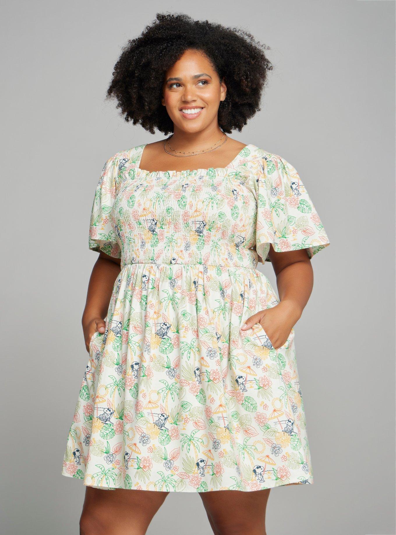 Peanuts Snoopy Tropical Allover Print Smock Dress Plus Size, MULTI, hi-res