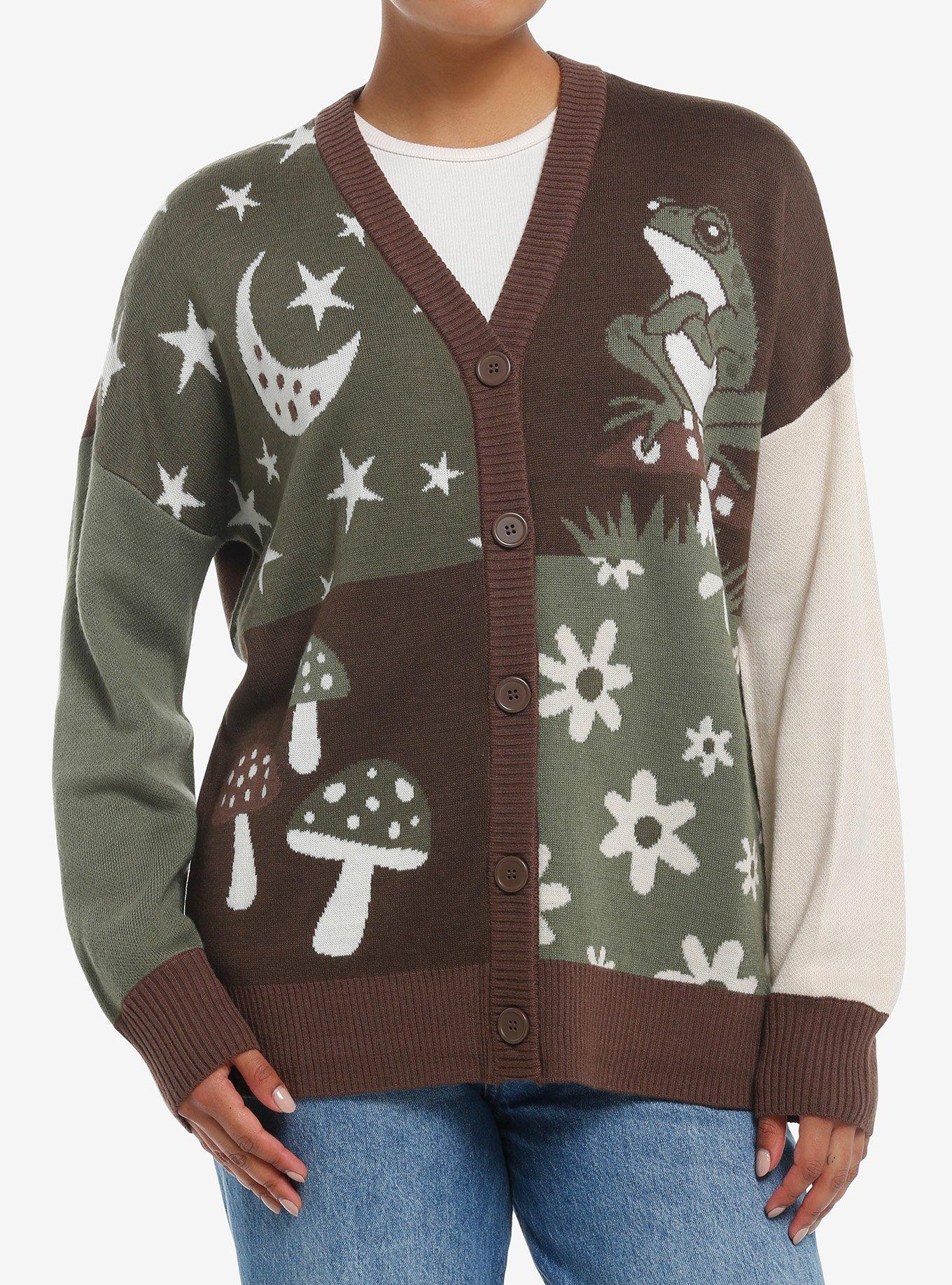 Thorn & Fable Frog Mushroom Cottage Color-Block Girls Cardigan, BROWN, hi-res