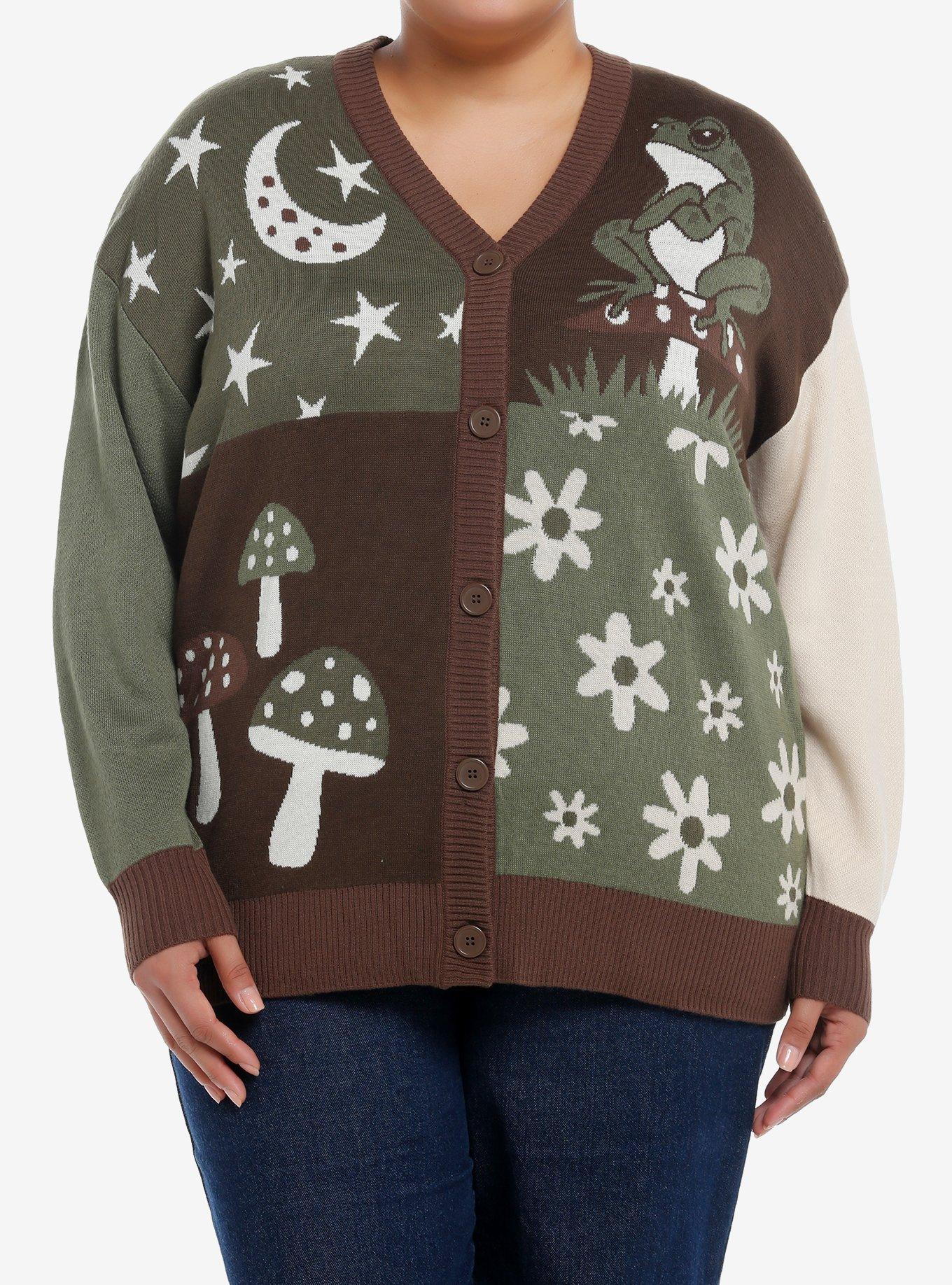 Thorn & Fable Frog Mushroom Cottage Color-Block Girls Cardigan Plus Size, , hi-res