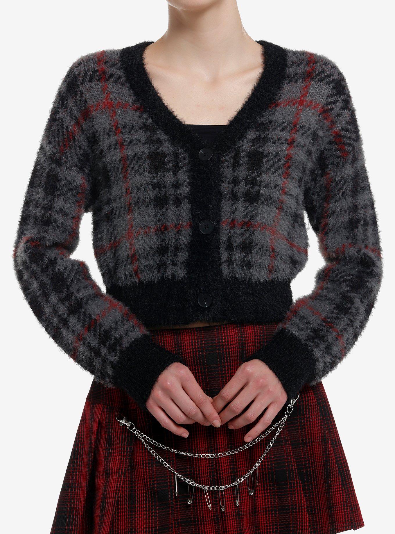 Social Collision Grey Plaid Fuzzy Girls Crop Cardigan, GREY, hi-res