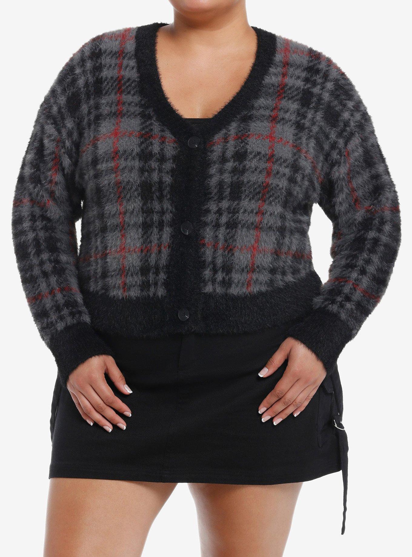 Social Collision Grey Plaid Fuzzy Girls Crop Cardigan Plus Size, , hi-res