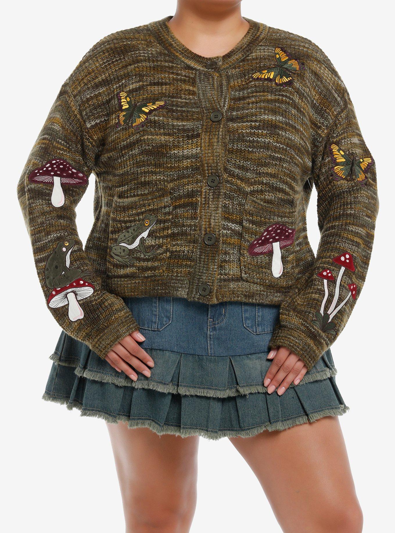 Thorn & Fable Mushroom & Critter Patches Marled Girls Cardigan Plus Size, , hi-res