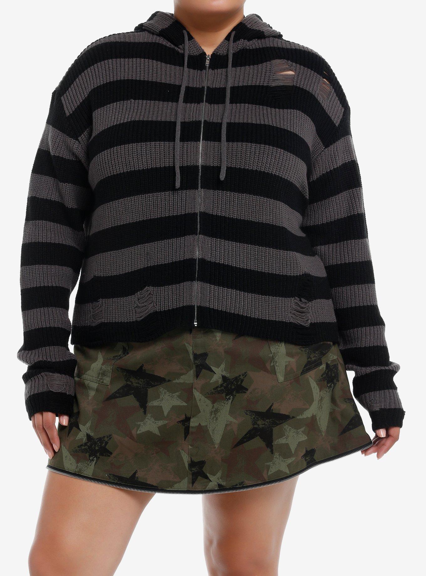 Social Collision Black & Grey Stripe Destructed Girls Crop Hoodie Plus Size, , hi-res