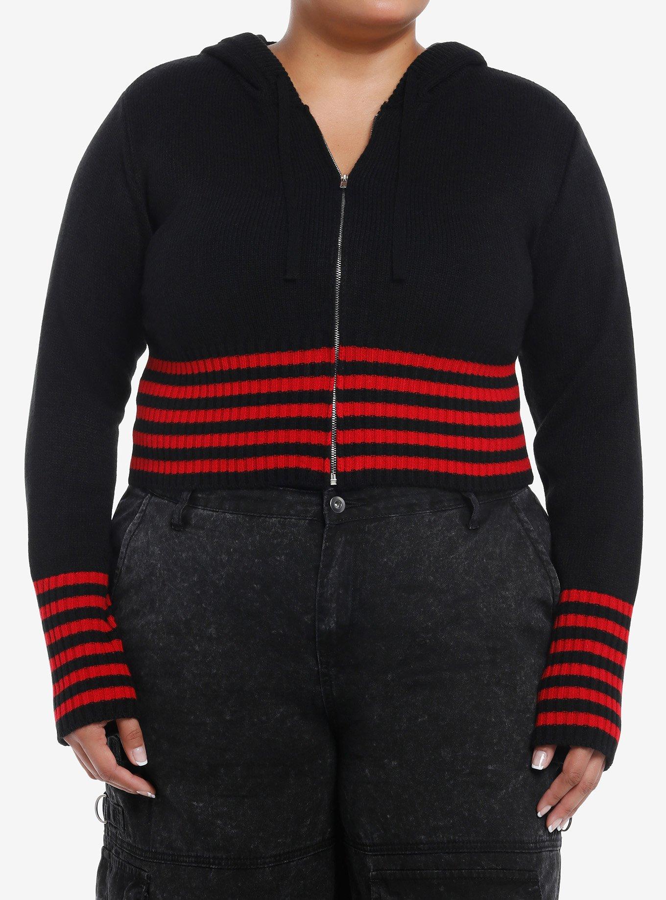 Social Collision Black & Red Stripe Girls Crop Hoodie Plus Size, , hi-res