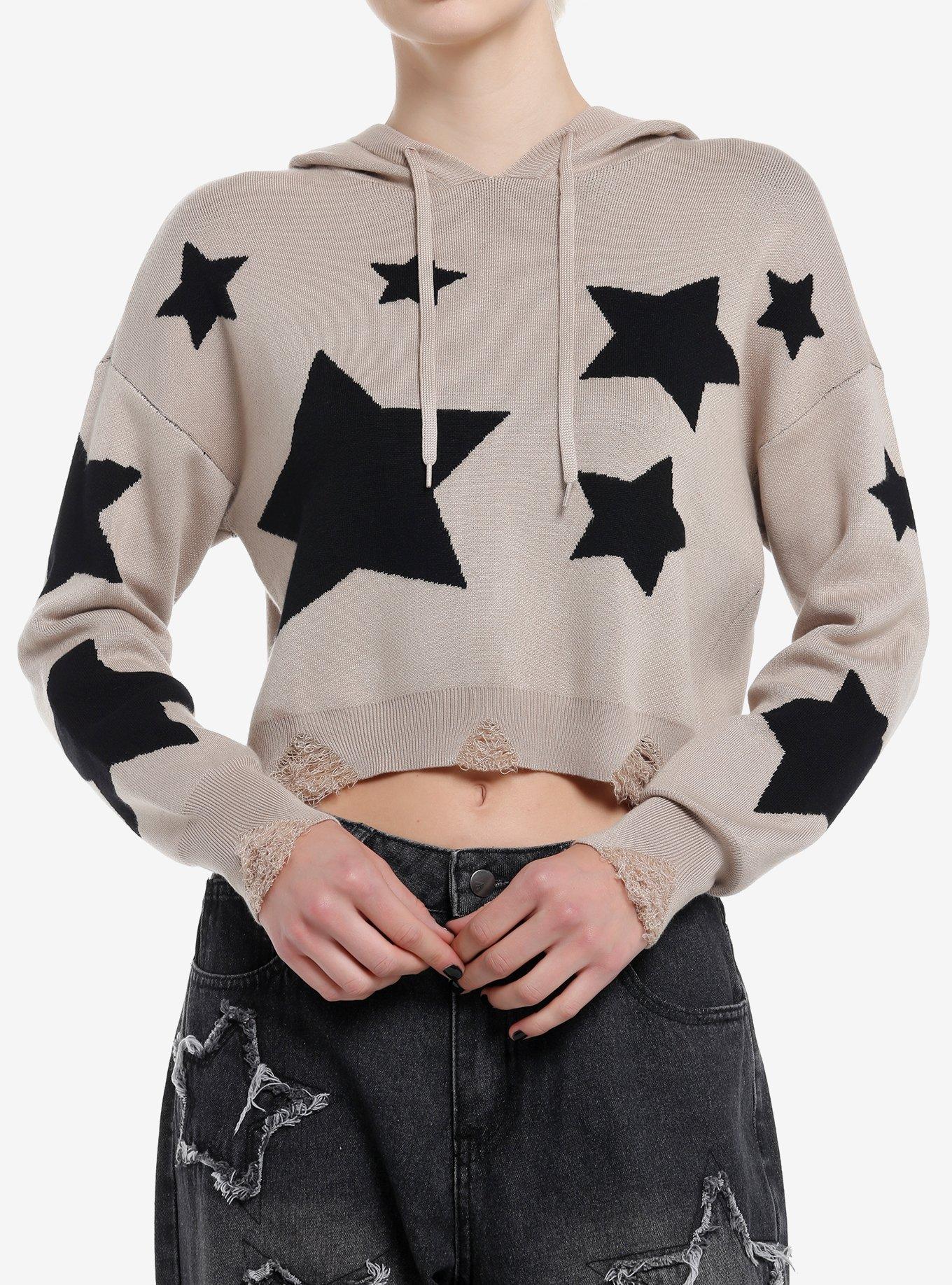 Social Collision Black Star Destructed Girls Crop Hoodie, BLACK, hi-res