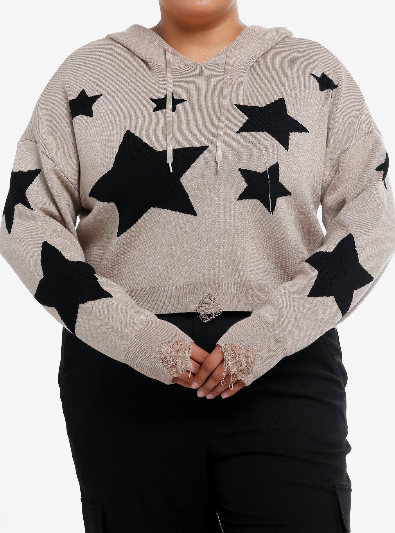 Social Collision Black Star Destructed Girls Crop Hoodie Plus Size, , hi-res