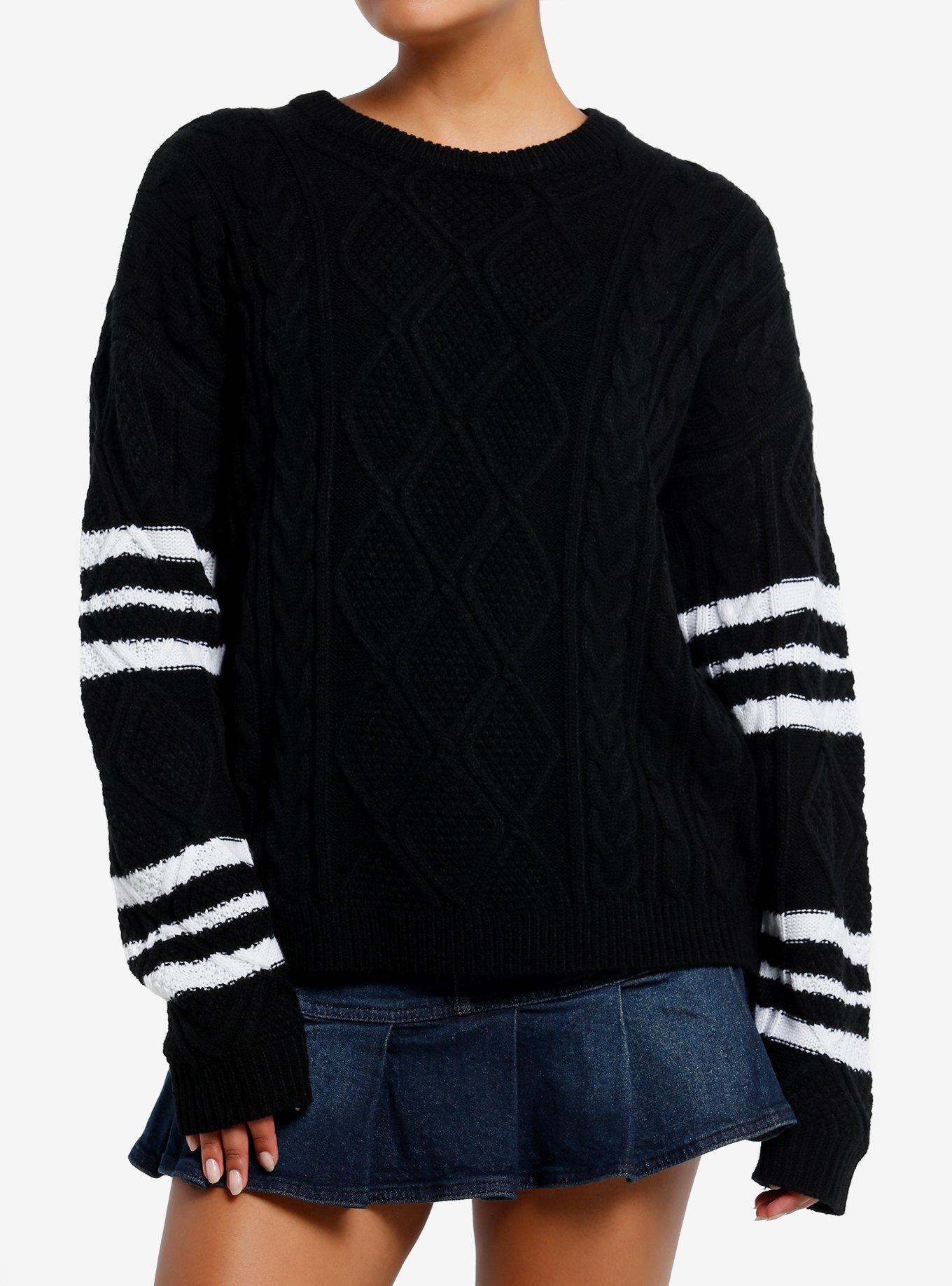 Social Collision Cable Knit Varsity Stripe Girls Sweater, , hi-res