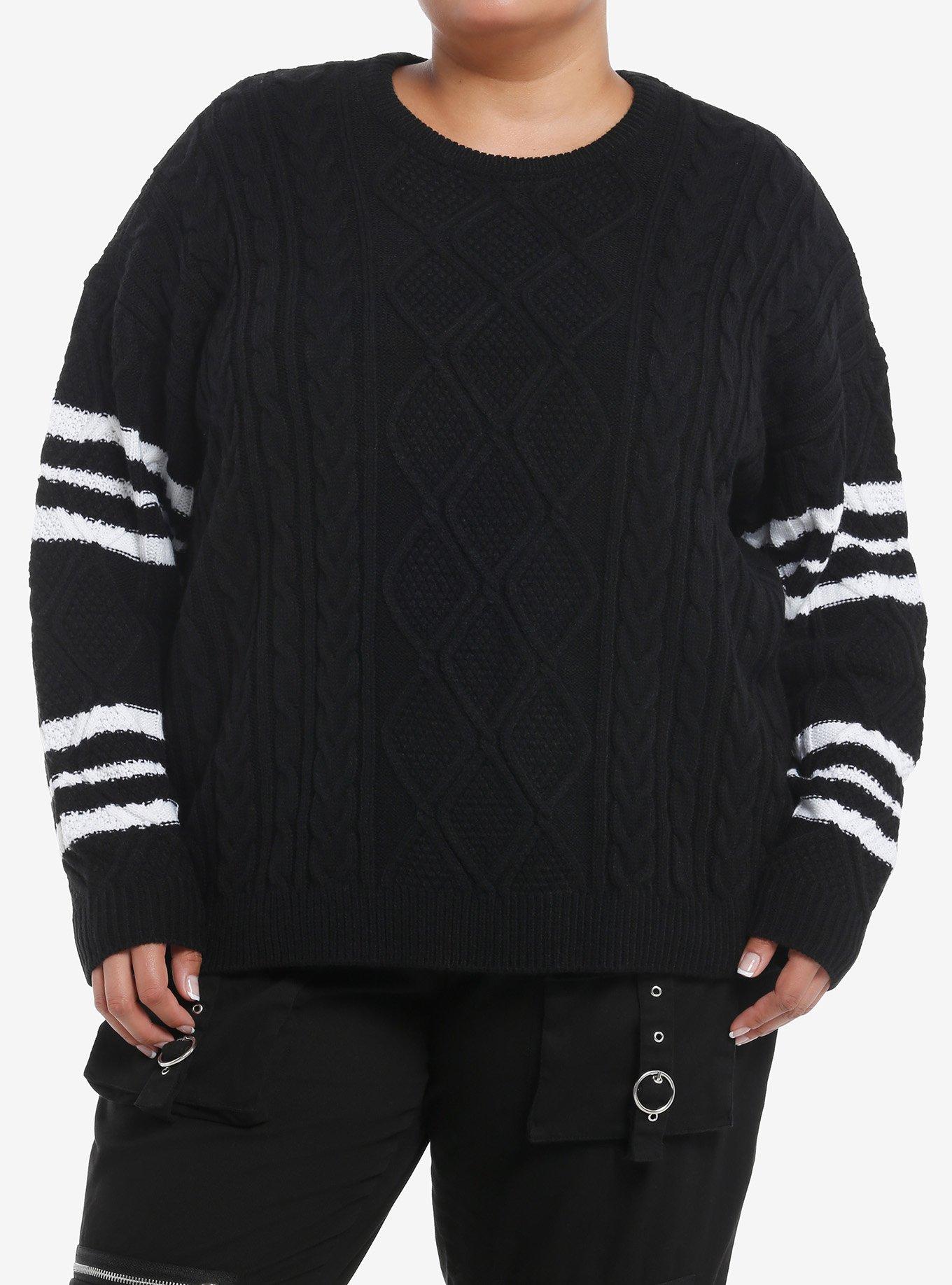 Social Collision Cable Knit Varsity Stripe Girls Sweater Plus Size, , hi-res