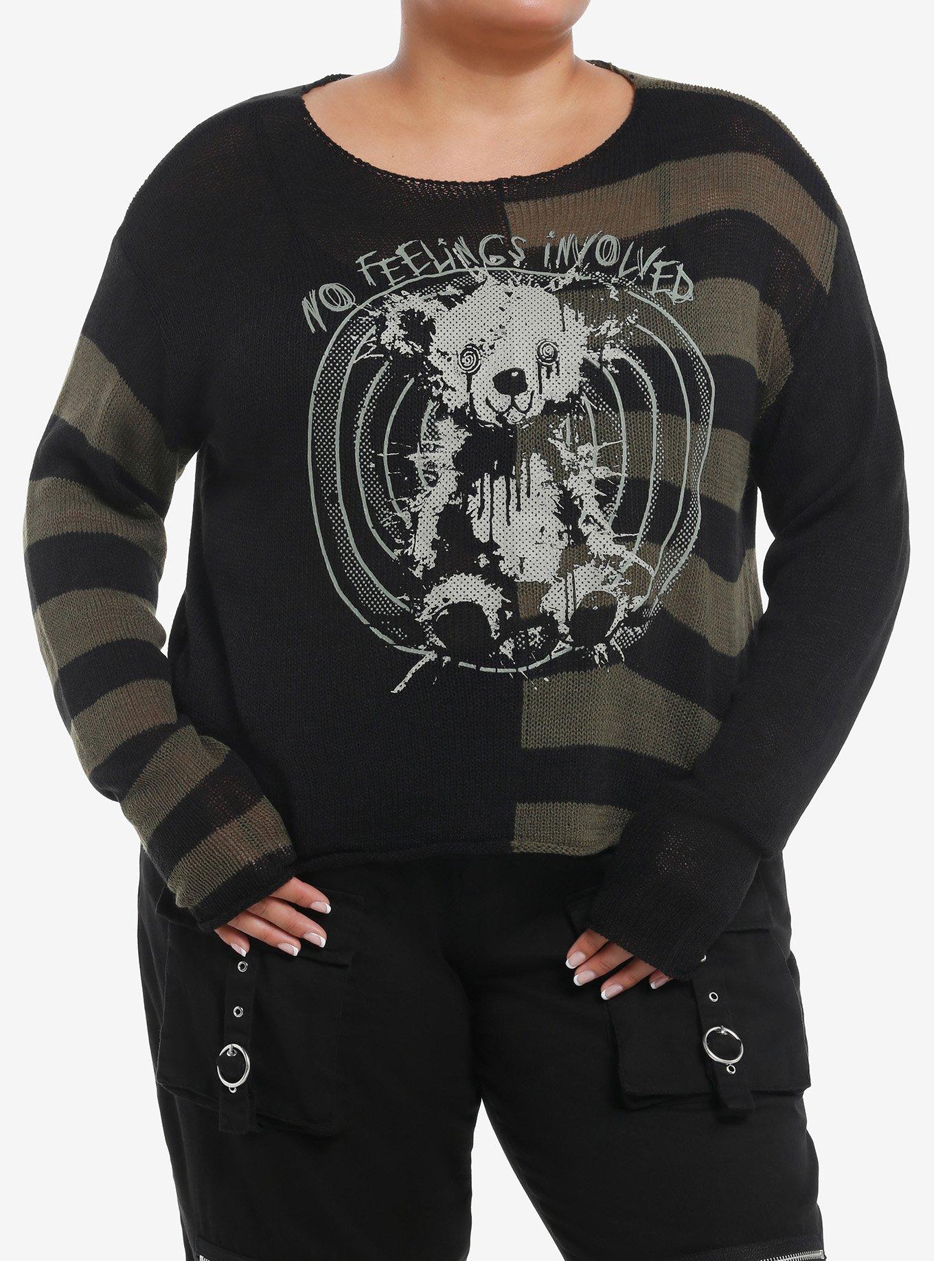 Social Collision Green & Black Stripe Bear Split Girls Crop Sweater Plus Size, , hi-res