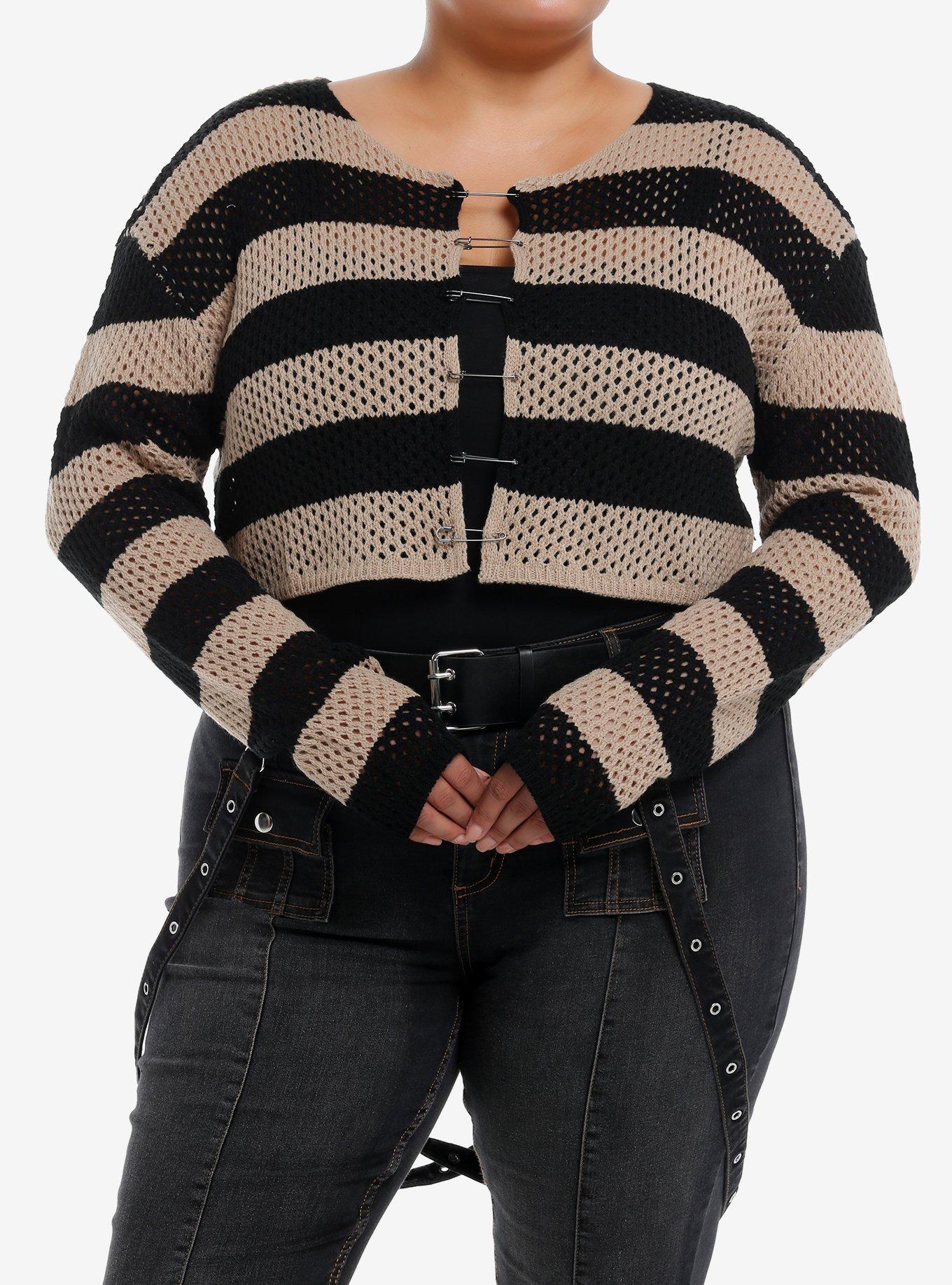 Social Collision Open Knit Safety Pin Bolero Girls Crop Sweater Plus Size, , hi-res