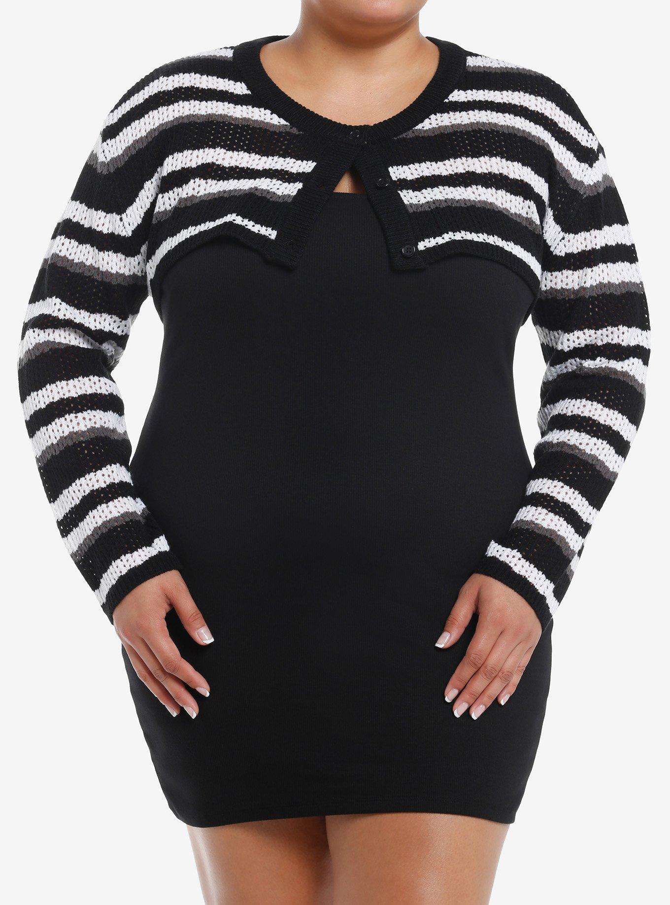Social Collision Black & White Stripe Bolero Girls Crop Shrug Plus Size, , hi-res