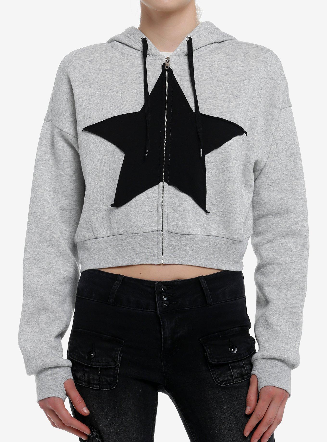 Social Collision Black Star Grey Crop Girls Hoodie, BLACK, hi-res