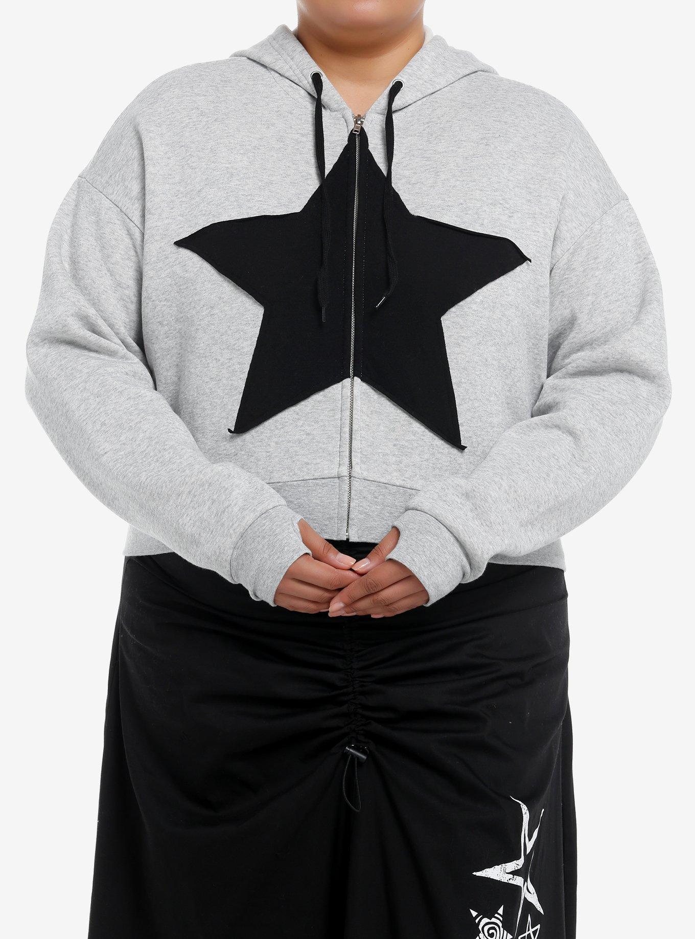 Social Collision Black Star Grey Crop Girls Hoodie Plus Size, , hi-res