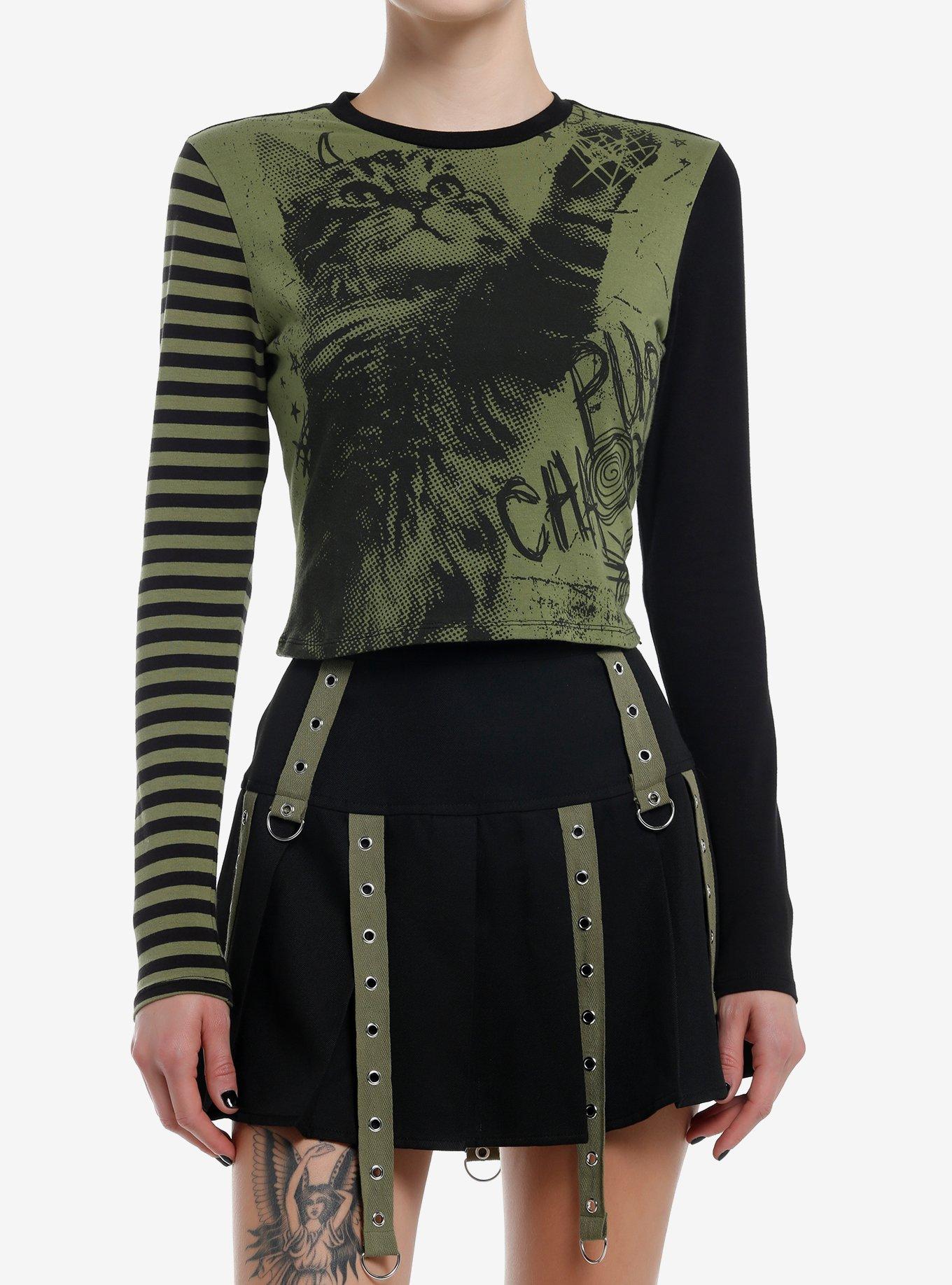 Social Collision Black & Green Grunge Cat Girls Long-Sleeve Top, , hi-res