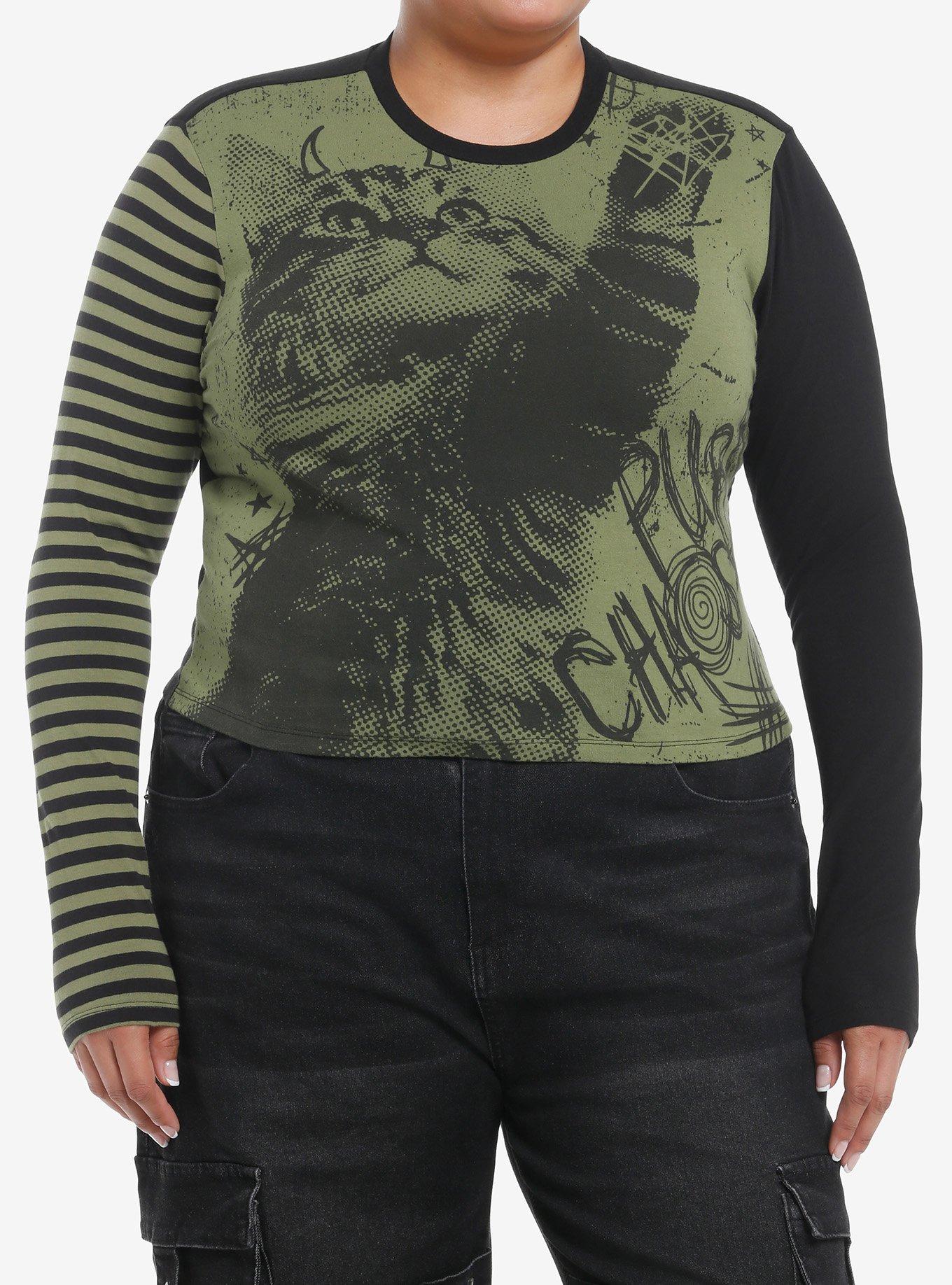 Social Collision Black & Green Grunge Cat Girls Long-Sleeve Top Plus Size, , hi-res