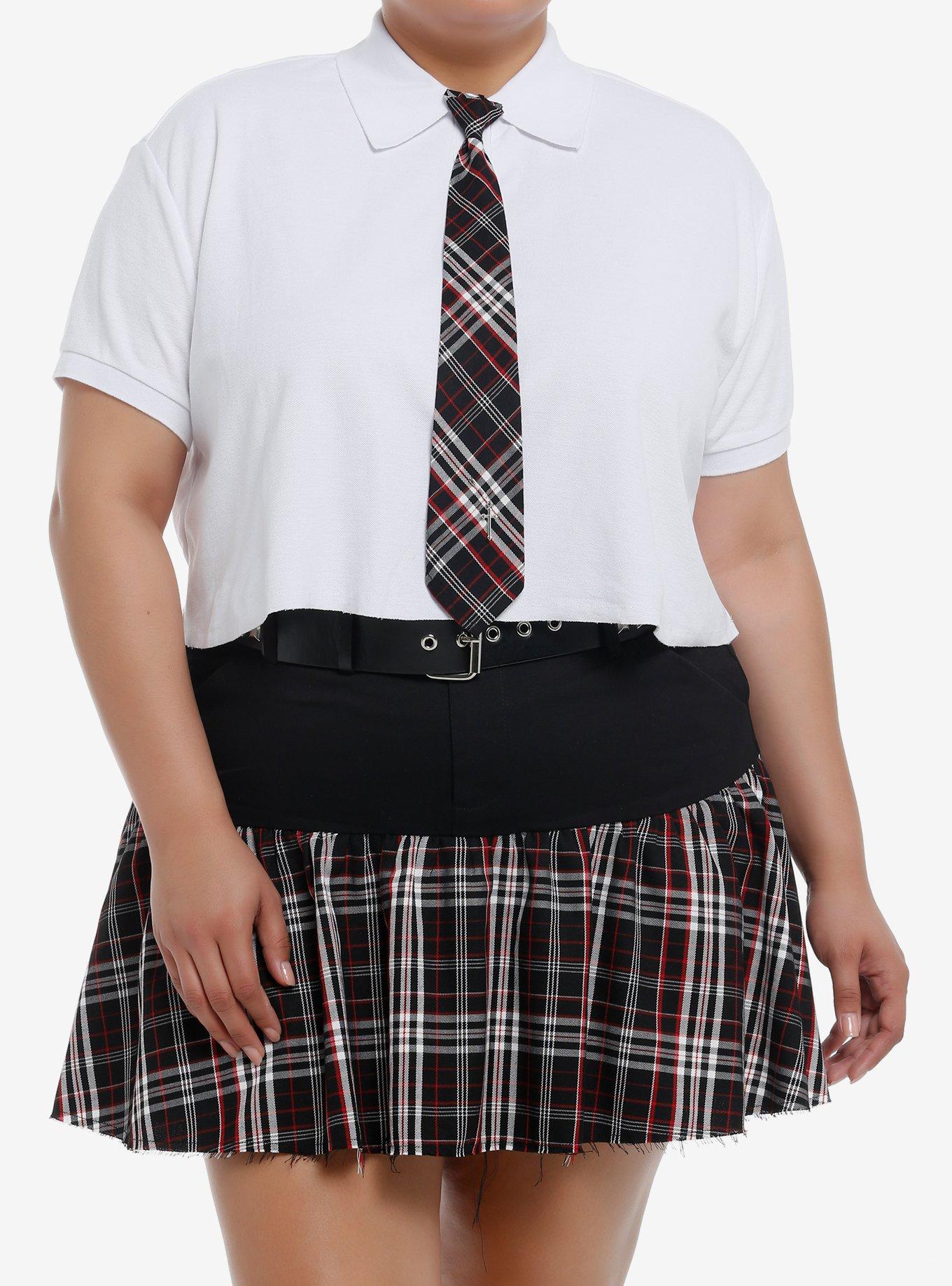 Social Collision White Polo Girls Crop Top With Tie Plus Size, , hi-res