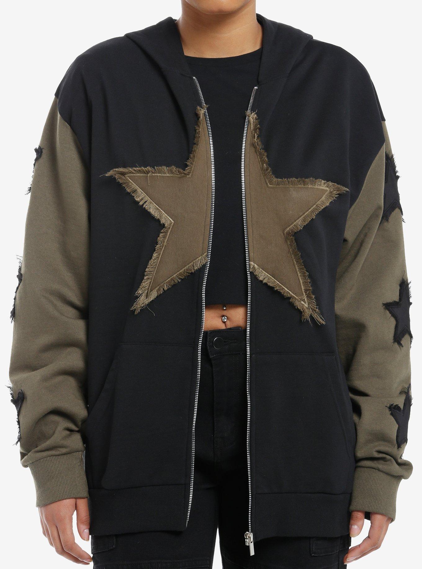 Black & Olive Green Frayed Stars Girls Hoodie, , hi-res
