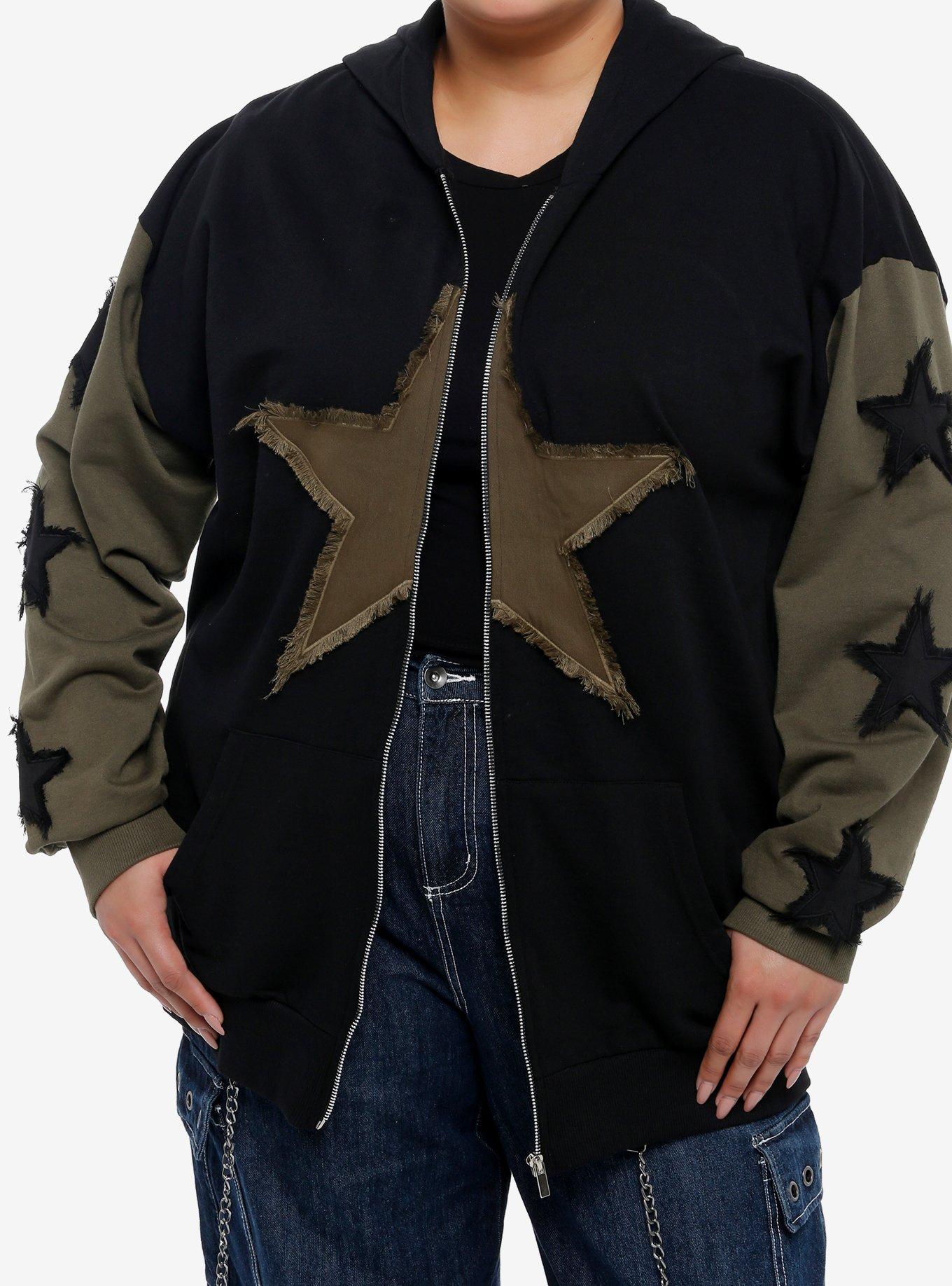 Black & Olive Green Frayed Stars Girls Hoodie Plus Size, , hi-res