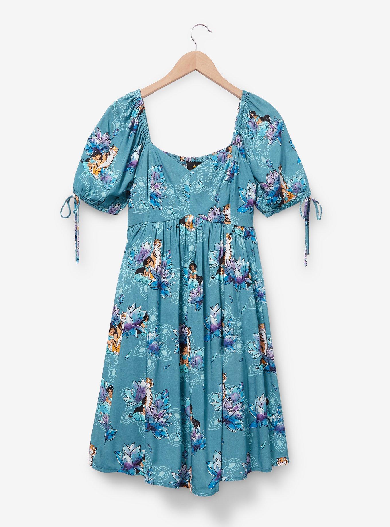 Disney Aladdin Jasmine Floral Allover Print Midi Dress - BoxLunch Exclusive, AQUA, hi-res