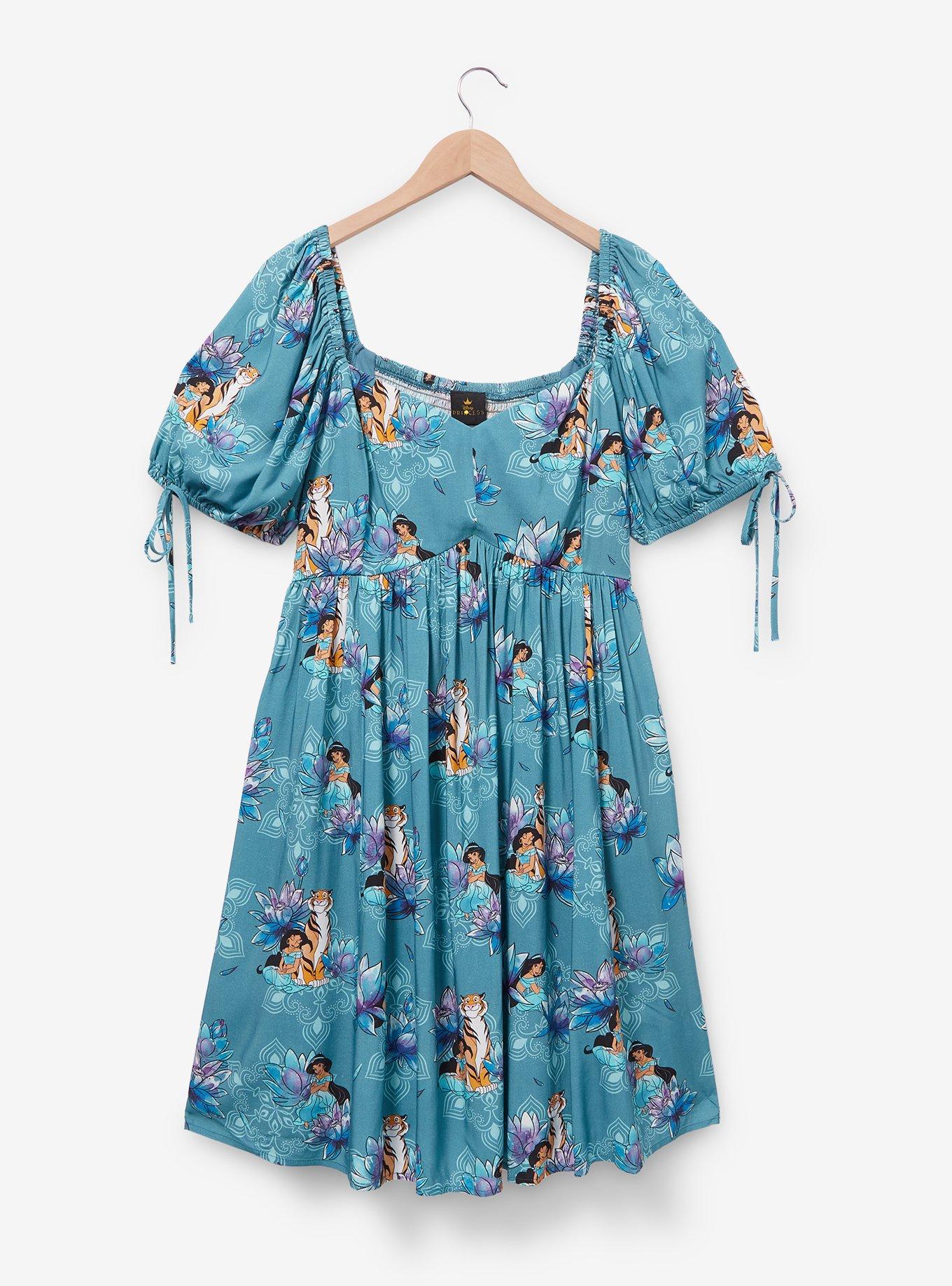 Disney Aladdin Jasmine Floral Allover Print Plus Size Midi Dress - BoxLunch Exclusive, AQUA, hi-res