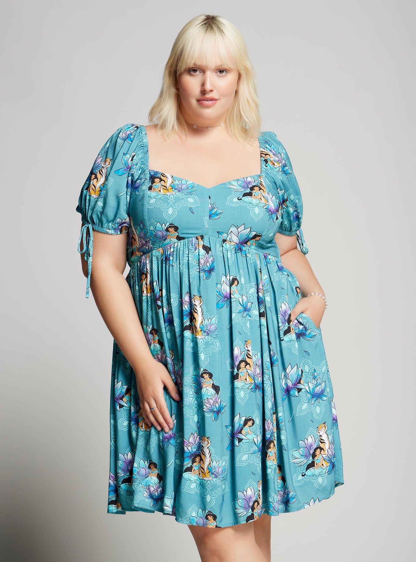 Disney Aladdin Jasmine Floral Allover Print Plus Size Midi Dress - BoxLunch Exclusive, AQUA, hi-res