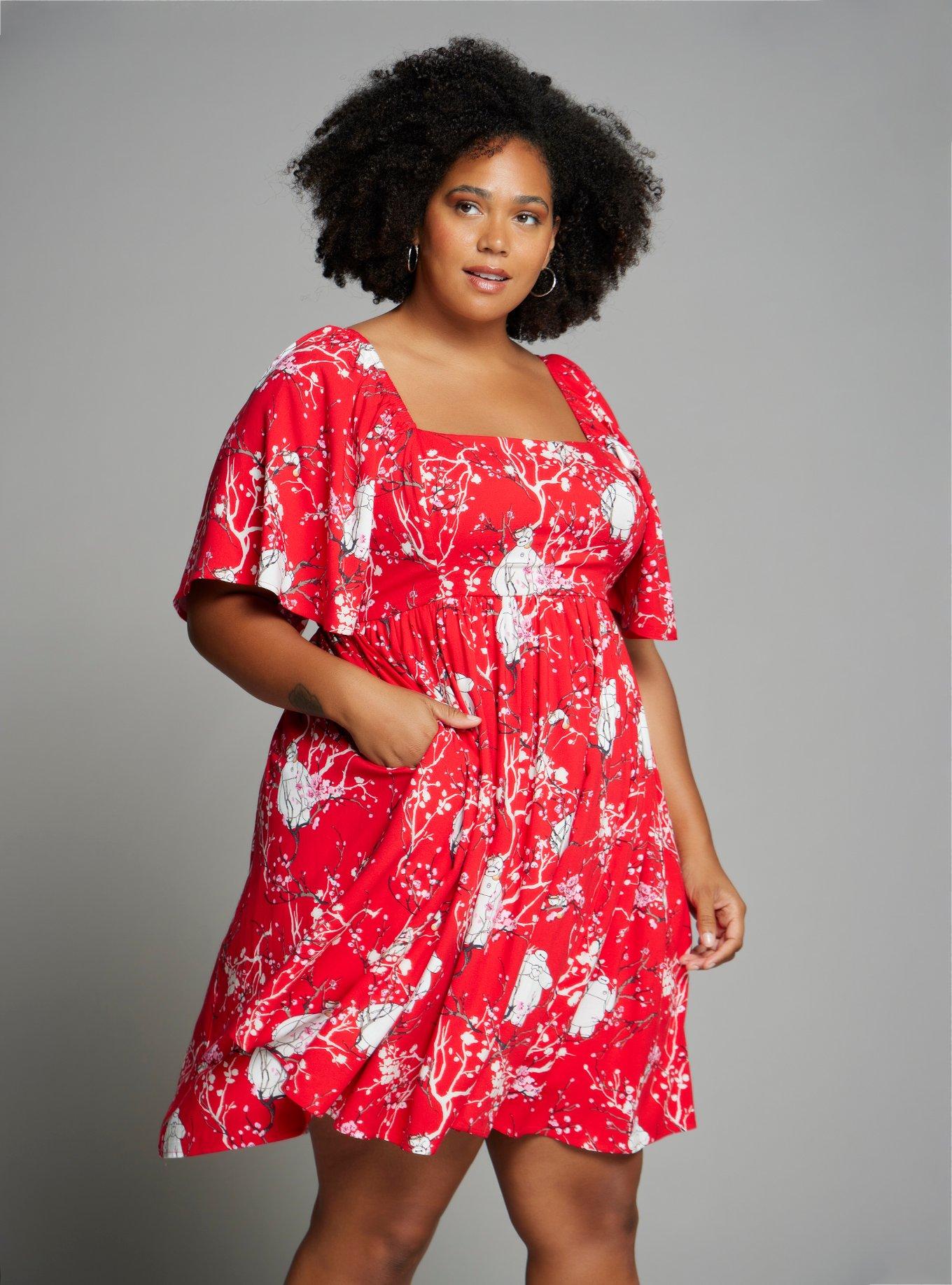 Disney Big Hero 6 Baymax Floral Allover Print Plus Size Empire Waist Dress - BoxLunch Exclusive, CHERRY, hi-res