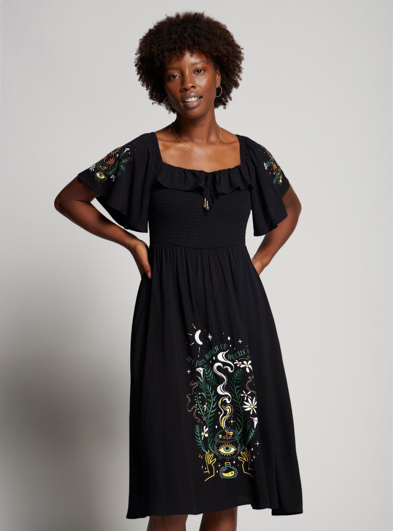 Disney Hocus Pocus Floral Icons Smock Midi Dress — BoxLunch Exclusive, BLACK, hi-res