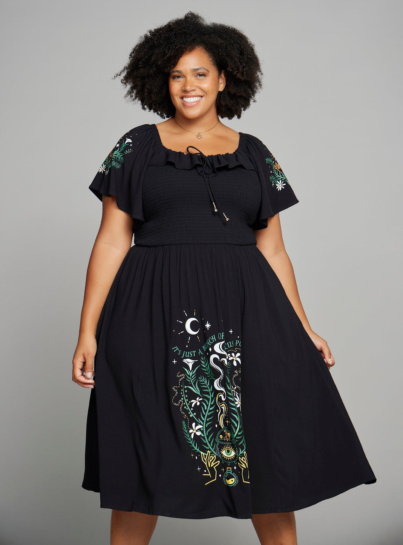 Disney Hocus Pocus Floral Icons Plus Size Smock Midi Dress &mdash; BoxLunch Exclusive, BLACK, hi-res