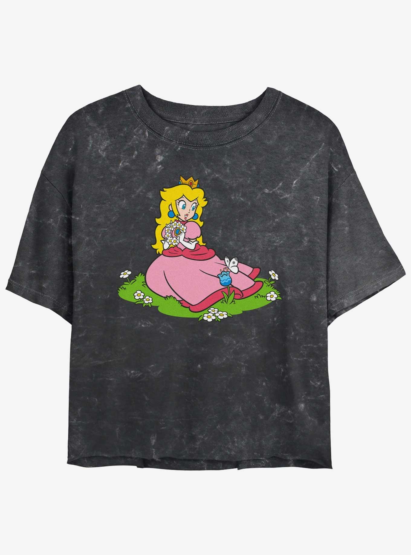 Nintendo Peach And A Butterfly Womens Mineral Wash Crop T-Shirt, BLACK, hi-res