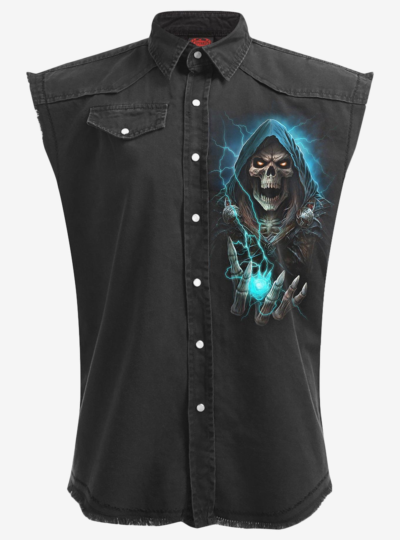 Spiral Dead Metal Sleeveless Stone Washed Button-Up Shirt, BLACK, hi-res