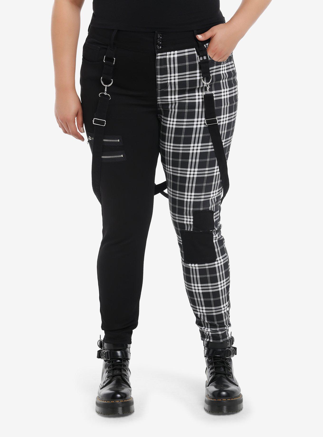 Black & White Plaid Split Suspender Hi-Rise Skinny Jeans Plus Size, , hi-res