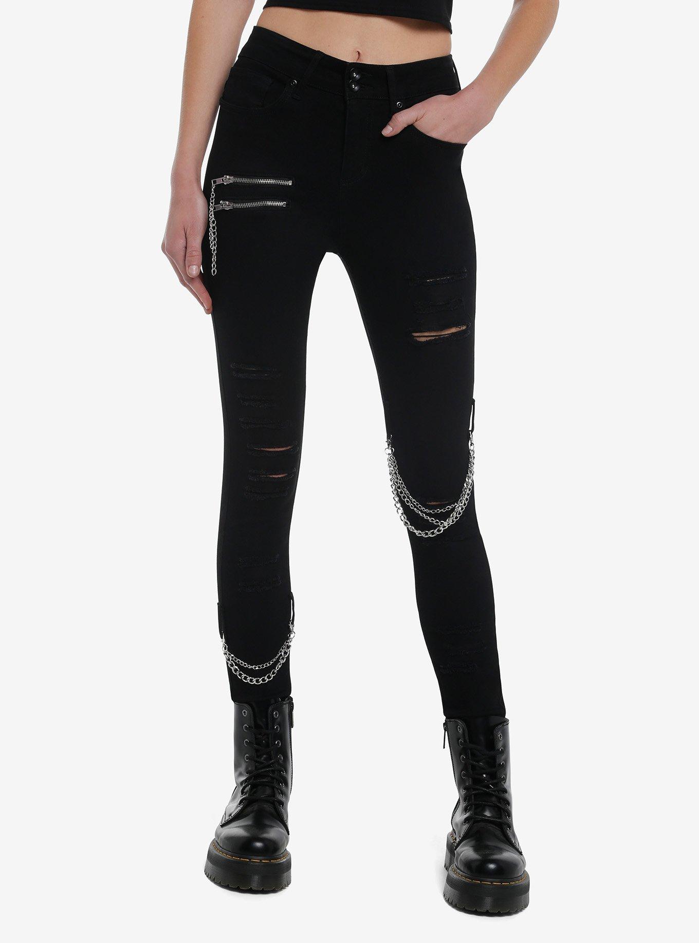 Black Zipper Chain Destructed Super Skinny Jeans, , hi-res