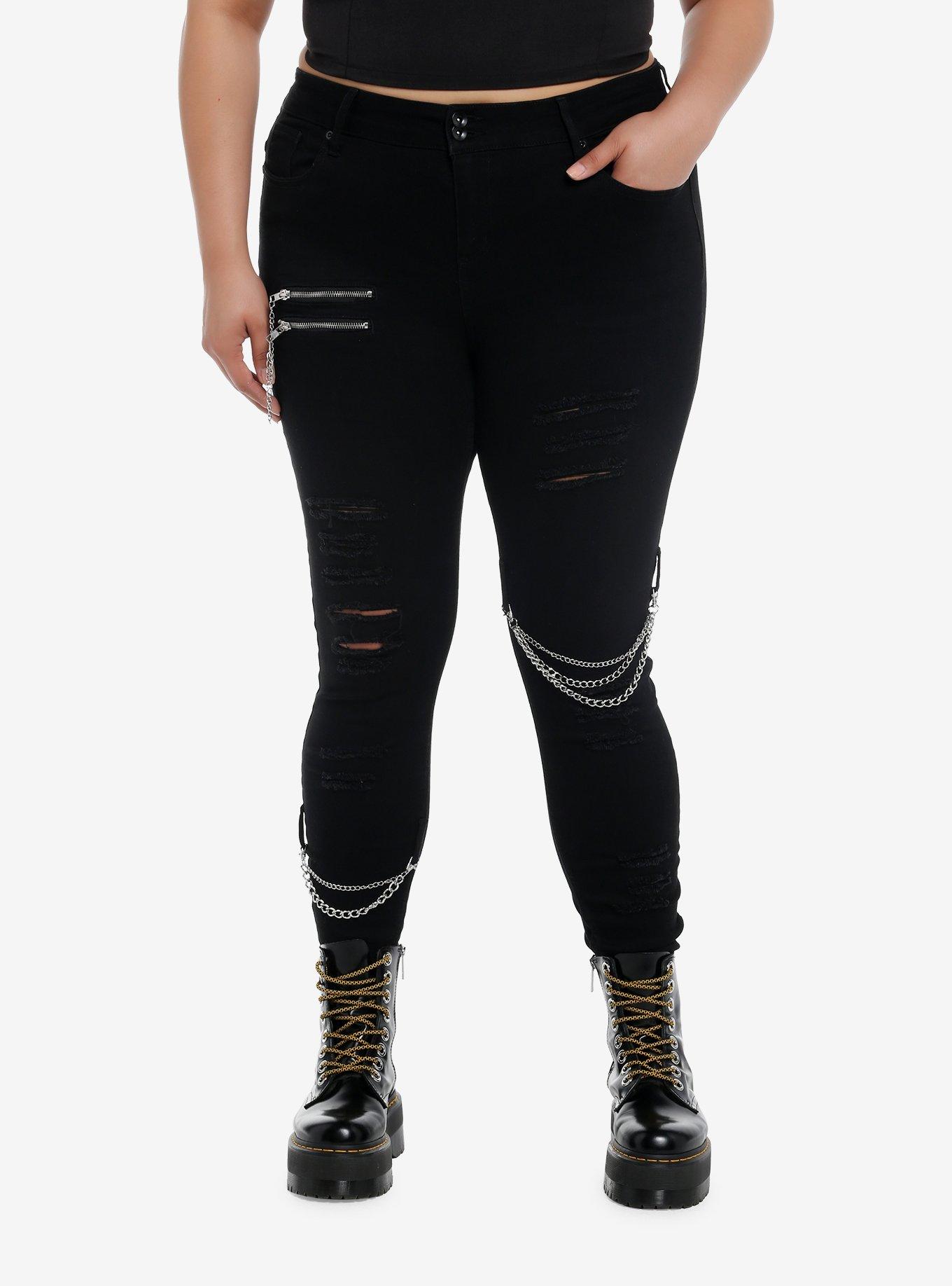 Black Zipper Chain Destructed Super Skinny Jeans Plus Size, , hi-res