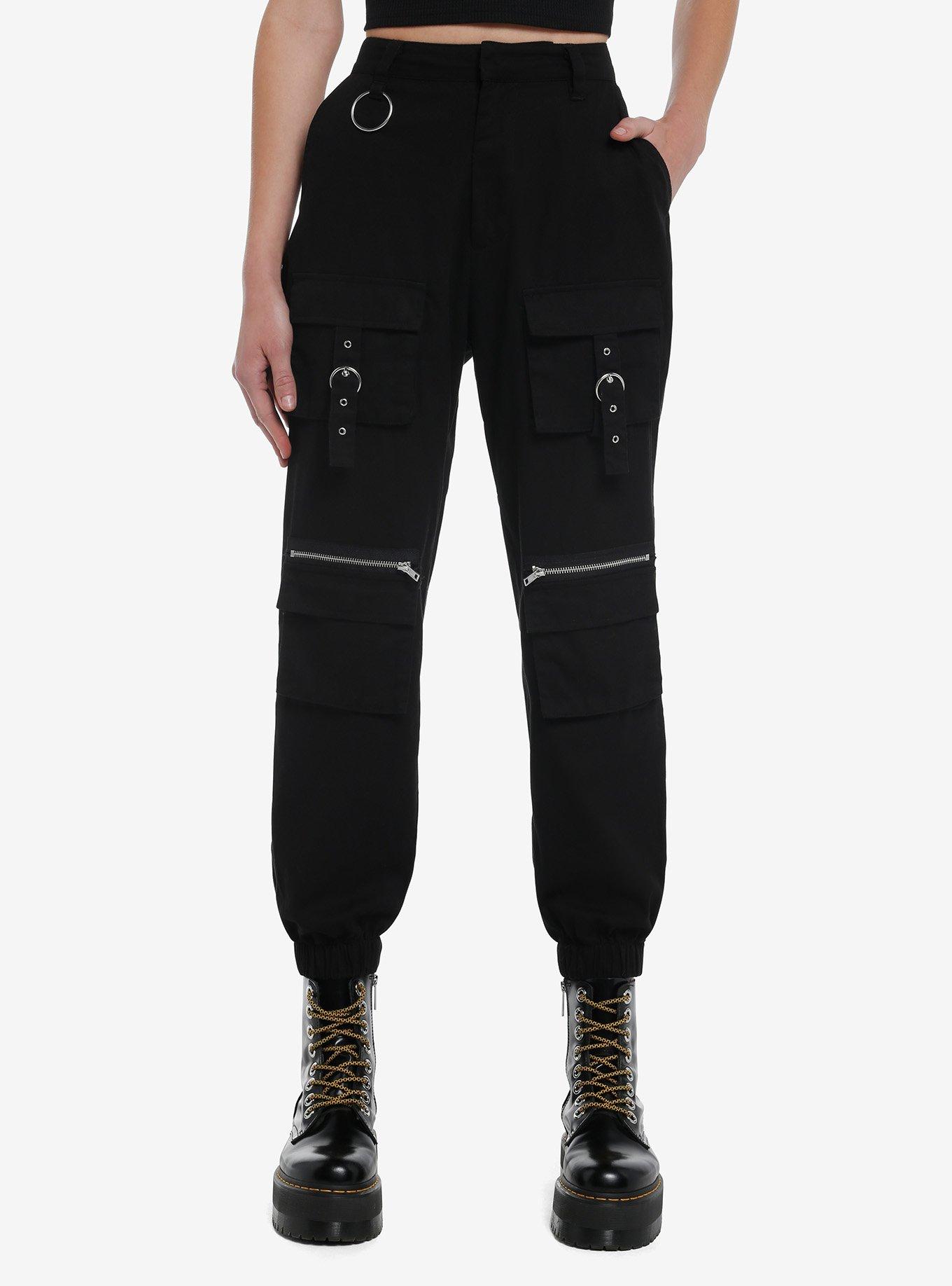 Black Zipper Grommet Cargo Jogger Pants, BLACK, hi-res