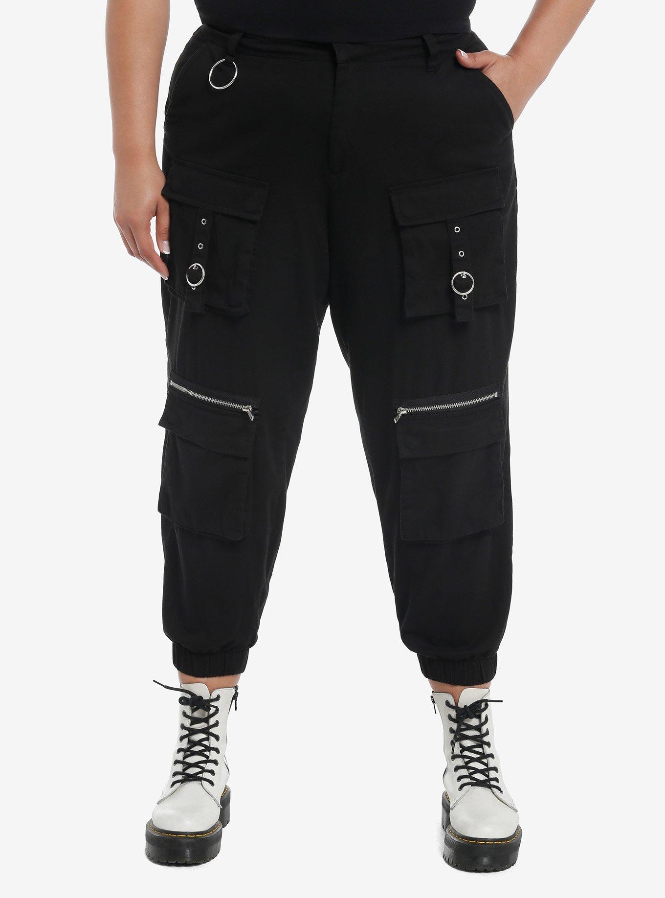 Black Zipper Grommet Cargo Jogger Pants Plus Size, , hi-res