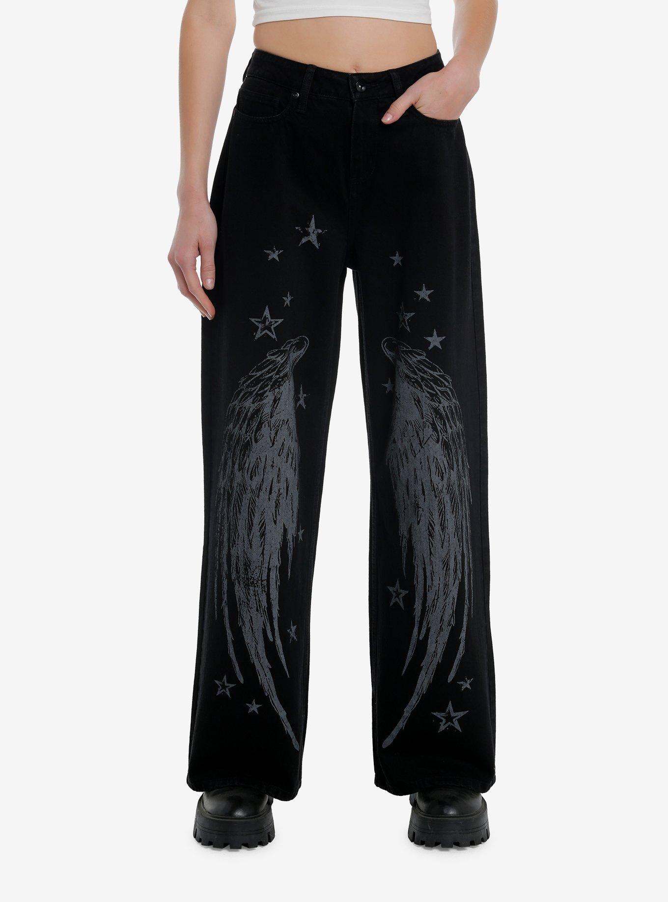 Black & Grey Wing Star Print Wide Leg Jeans, , hi-res