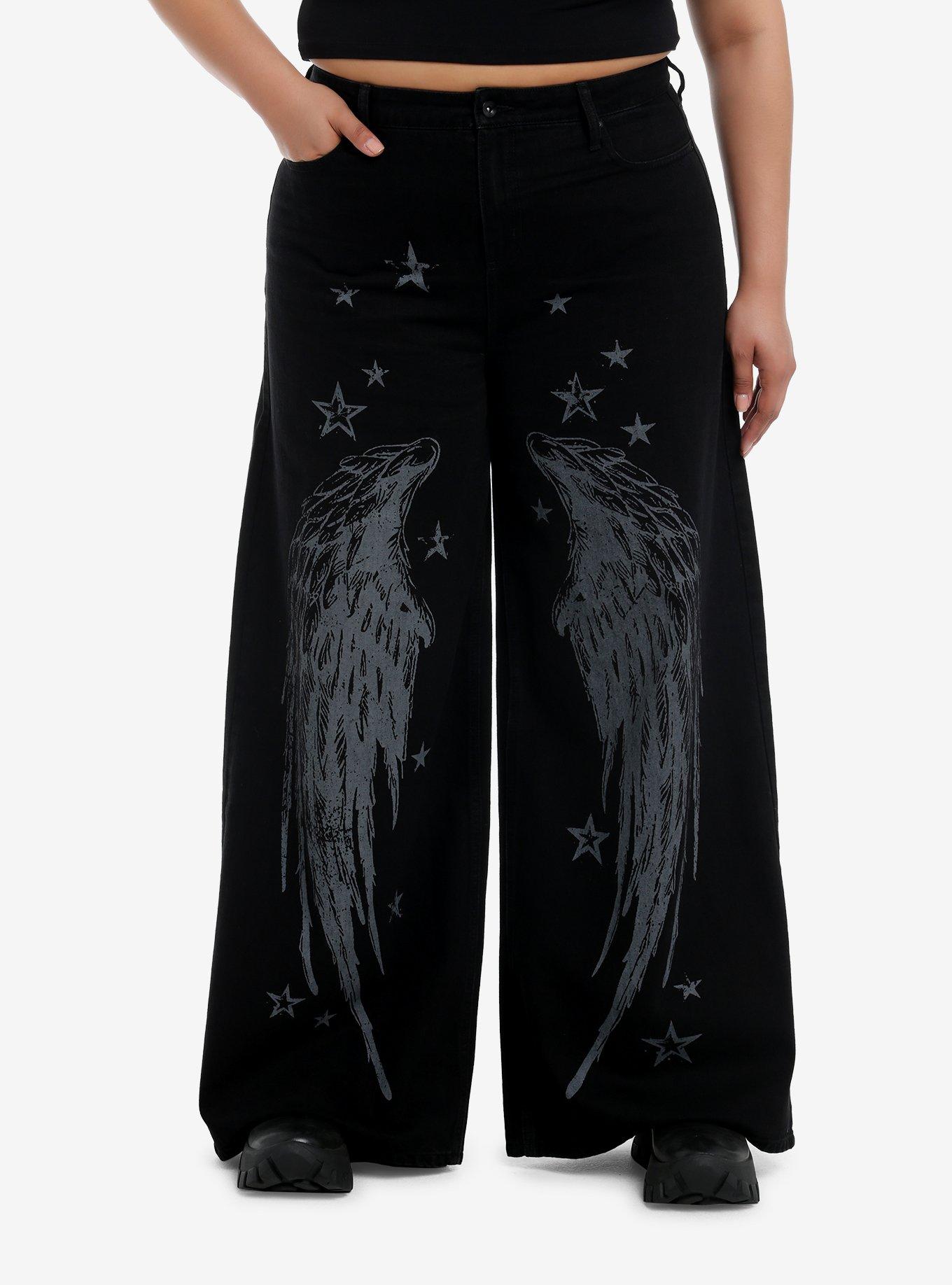Black & Grey Wing Star Print Wide Leg Jeans Plus Size, GREY, hi-res