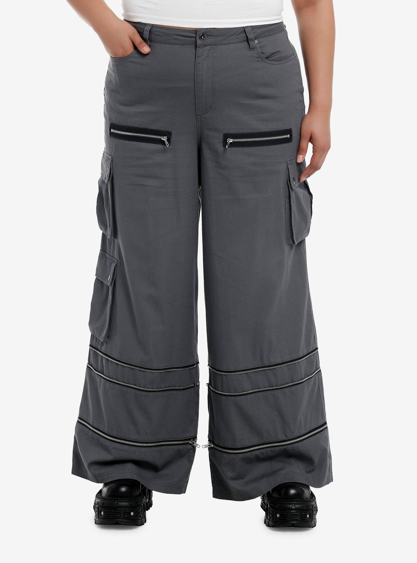 Grey Wide Leg Zip-Off Cargo Pants Plus Size, BLACK, hi-res