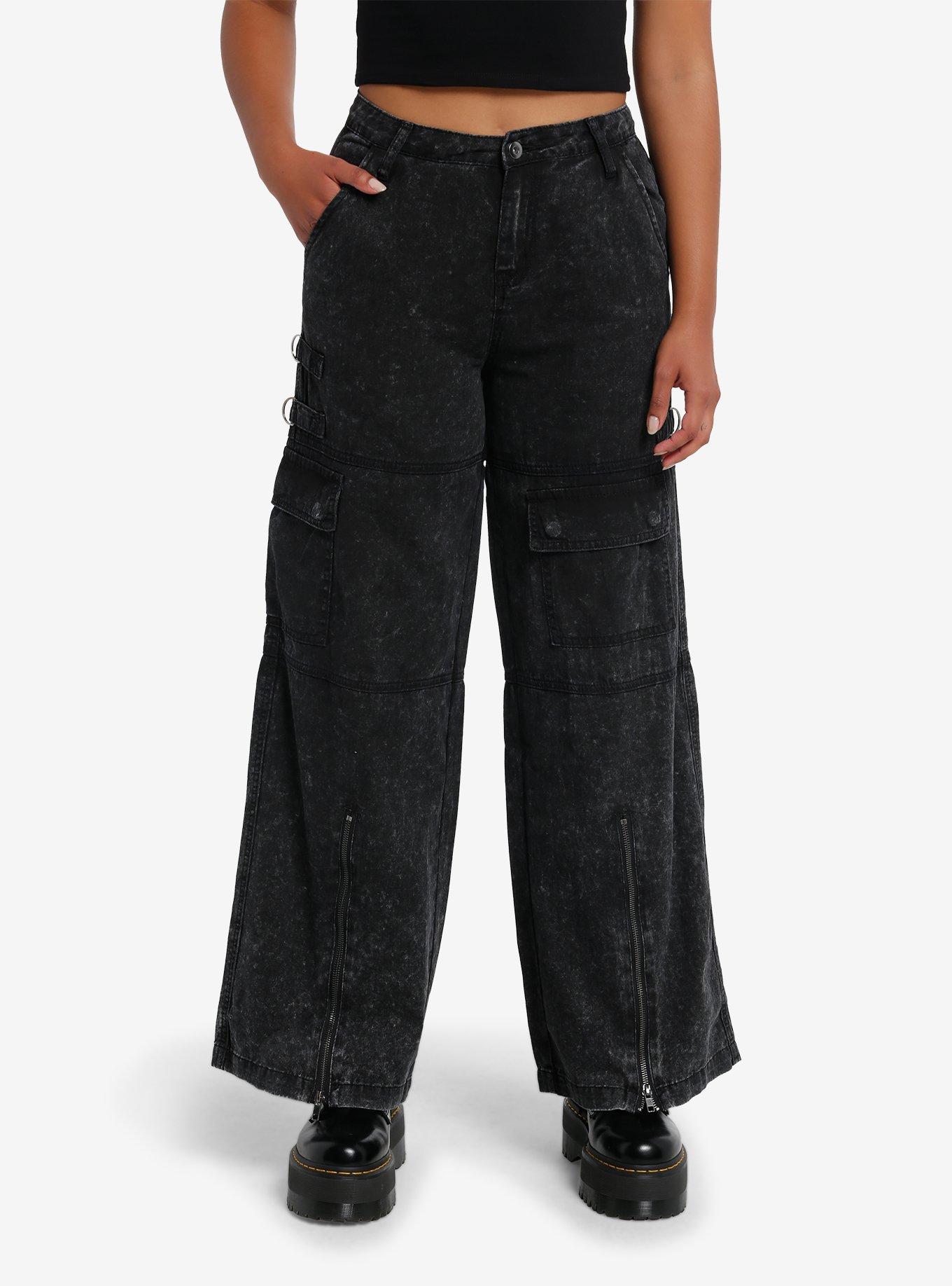 Black Acid Wash Hardware Zipper Wide Leg Jeans, , hi-res